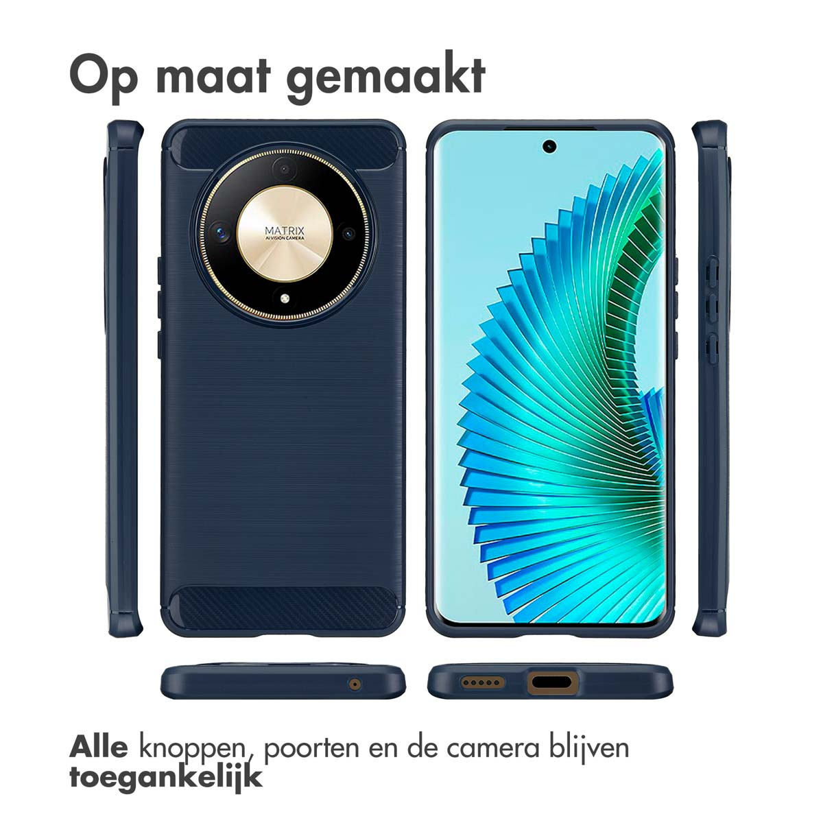 Una custodia blu navy con un ritaglio per la fotocamera, su sfondo bianco.