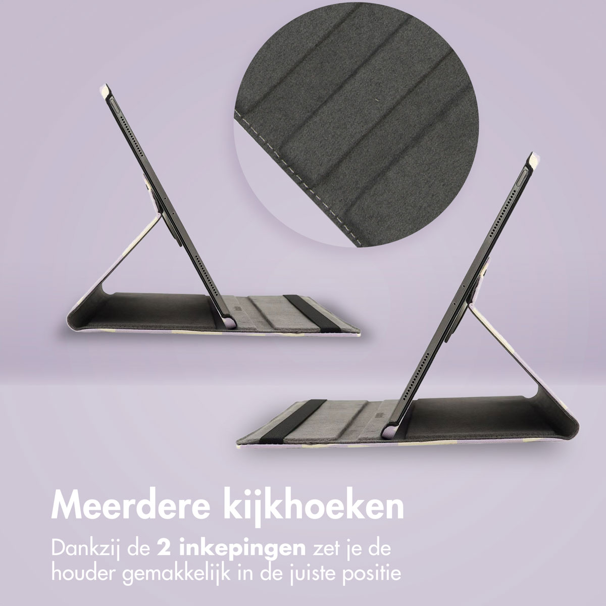 Two tablets in a case, with the text: Multiple Viewing Angles. 