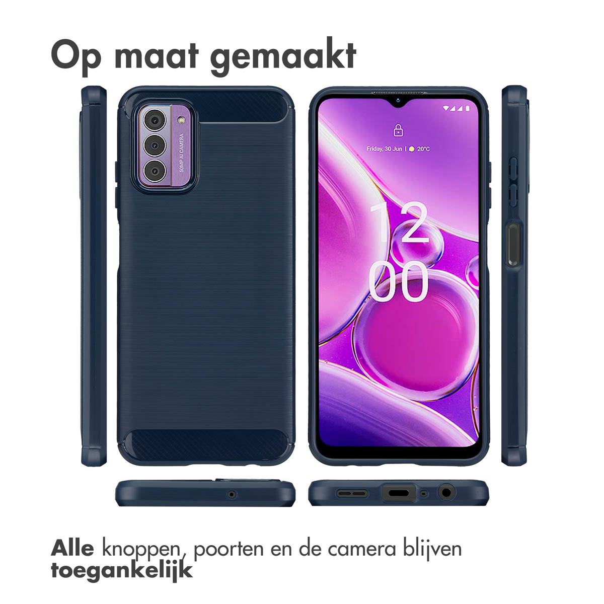 Een marineblauwe telefoon, met meerdere weergaven. Tekst: Alle knoppen, poorten en de camera blijven toegankelijk.