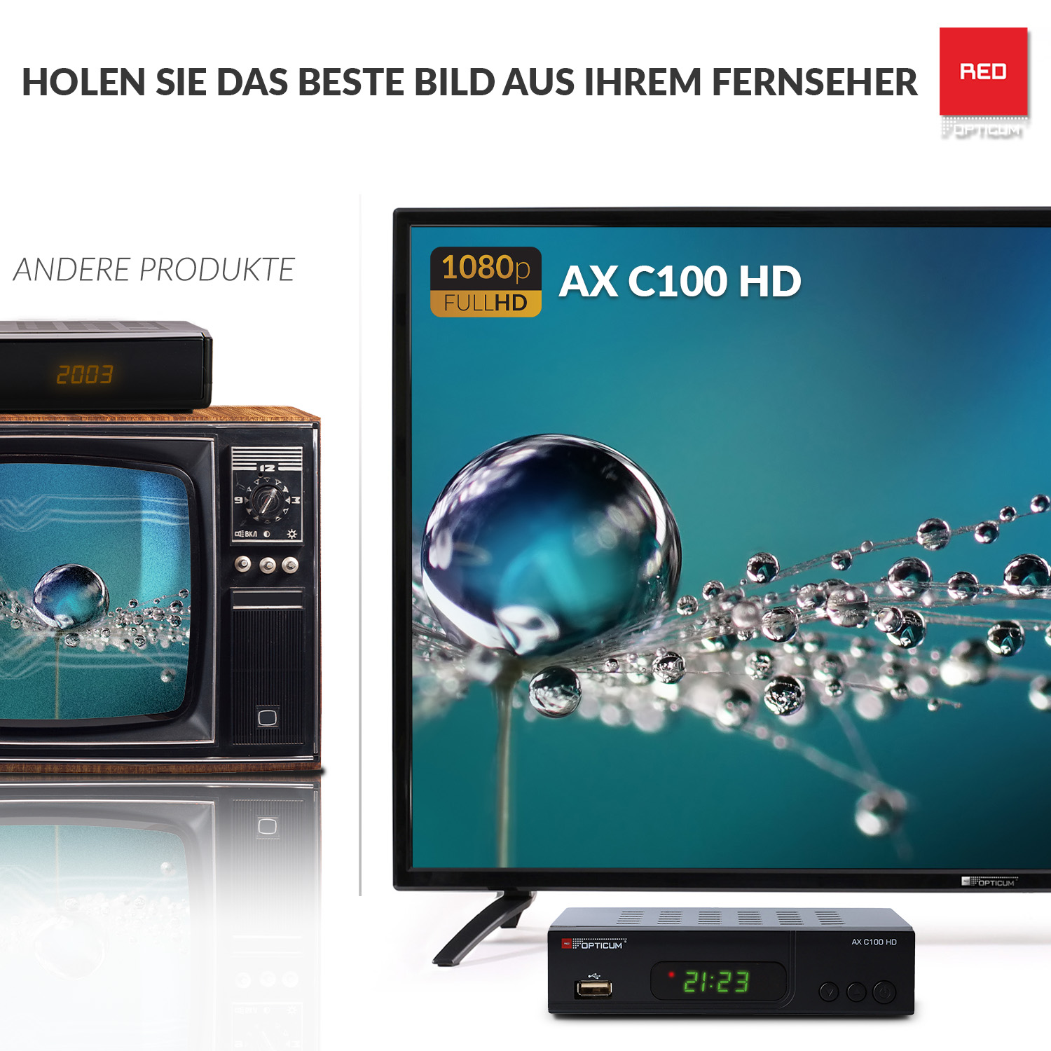 Zwei Fernseher, einer alt und einer modern, und eine schwarze Set-Top-Box. Text auf Deutsch.