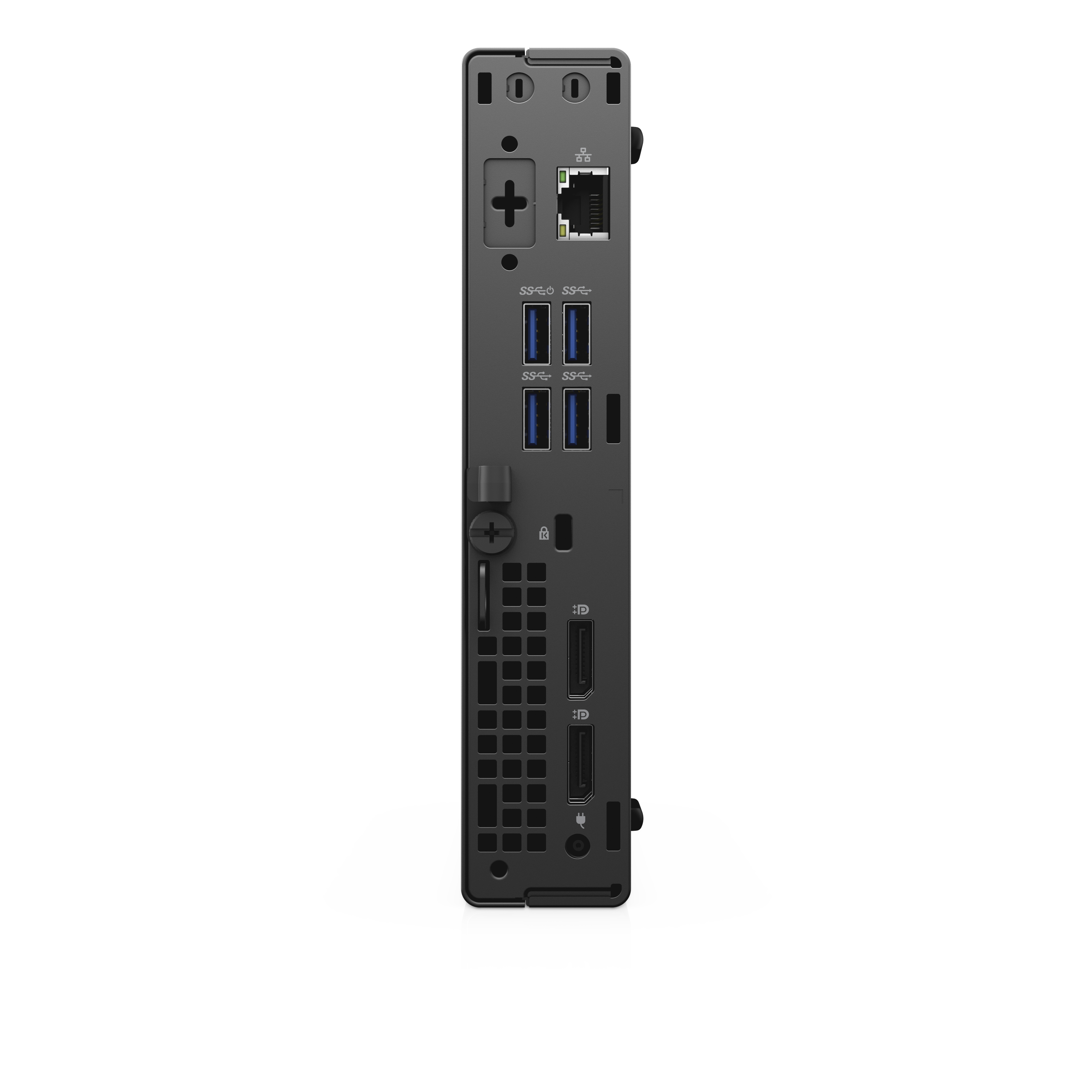 Ordenador negro con varios puertos visibles en la parte trasera. Puertos USB y un puerto Ethernet presentes.