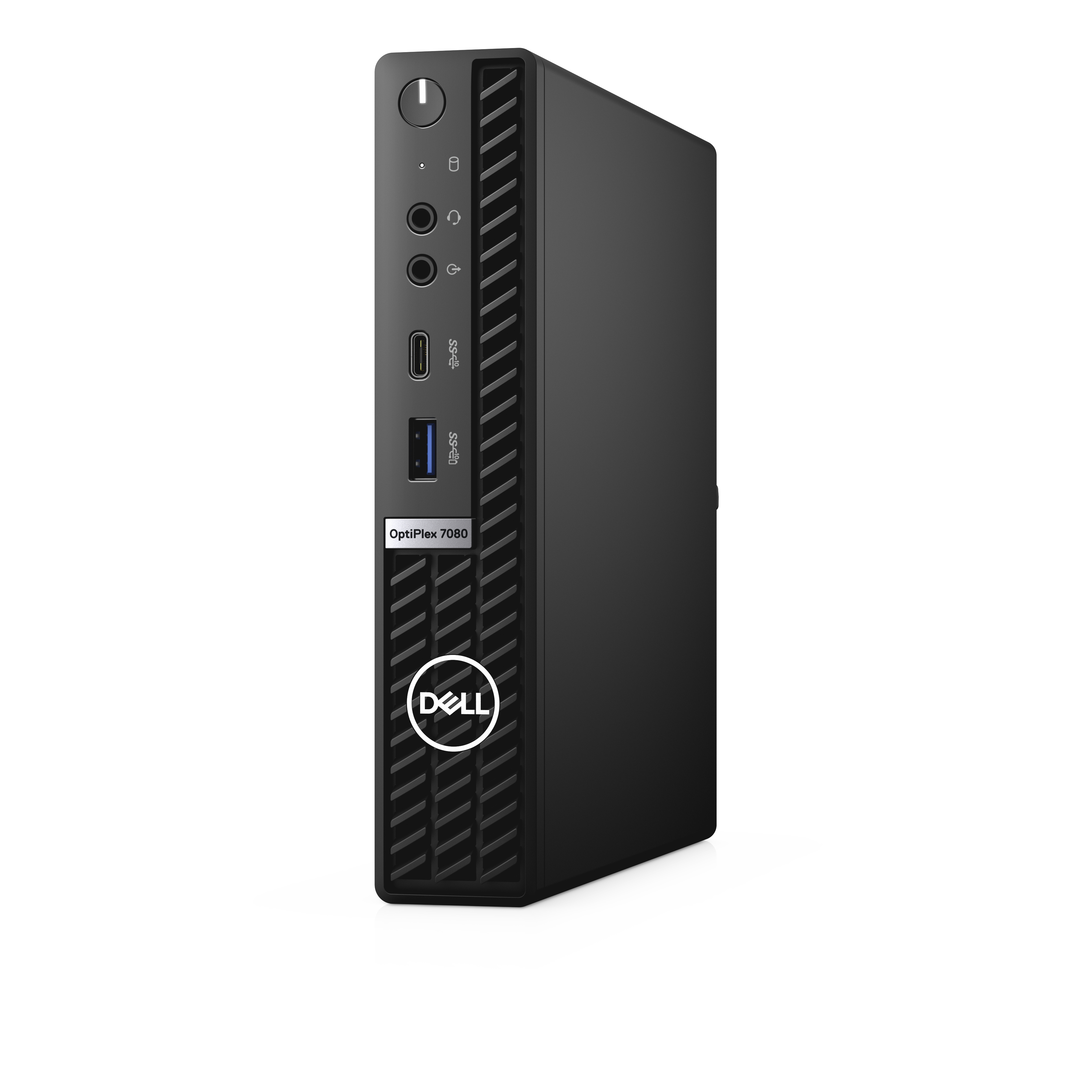 Een zwarte Dell OptiPlex 7080 mini-pc op een witte achtergrond. Het heeft een aan/uit-knop.