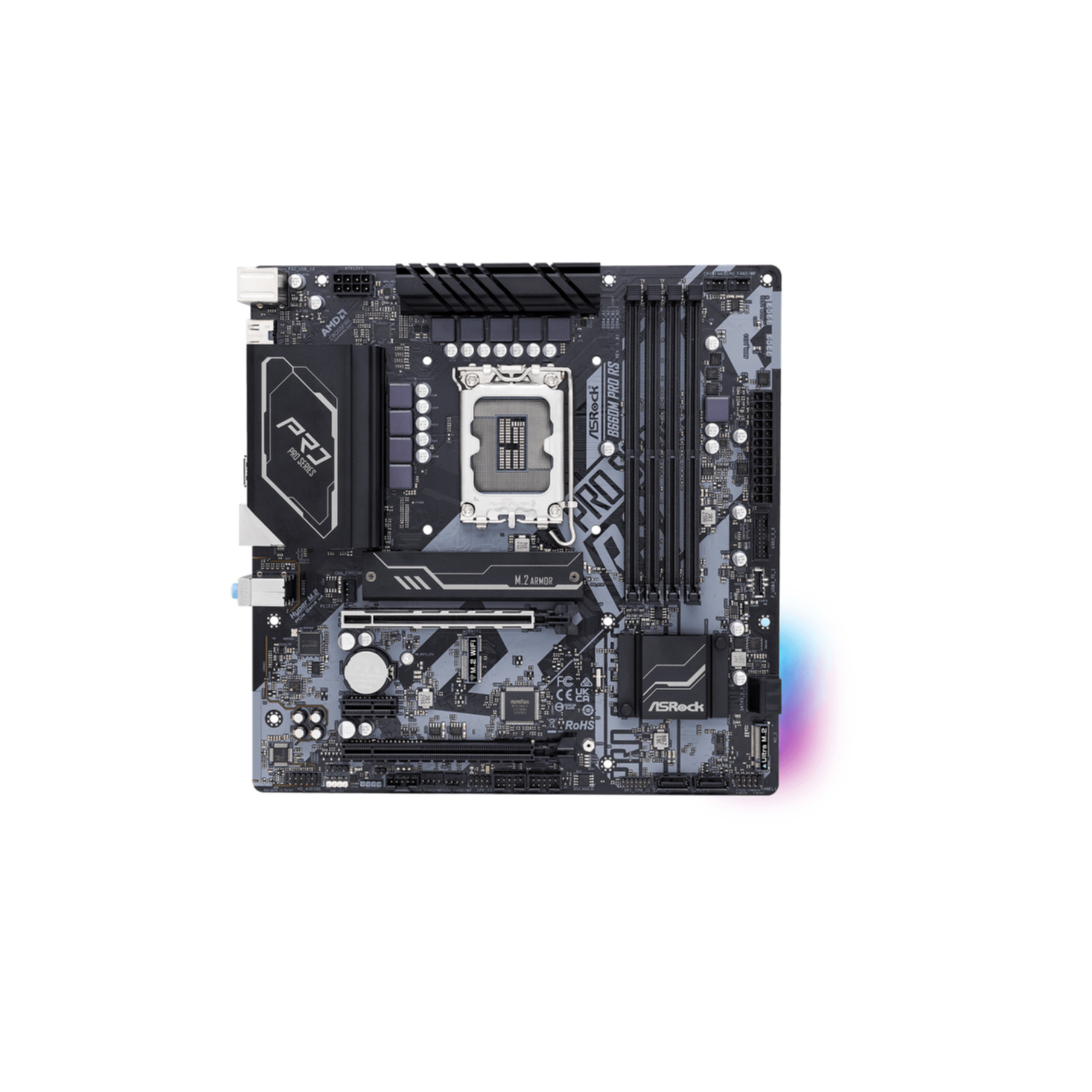 Una scheda madre di computer con molti componenti e il logo della serie PR7 PRO.