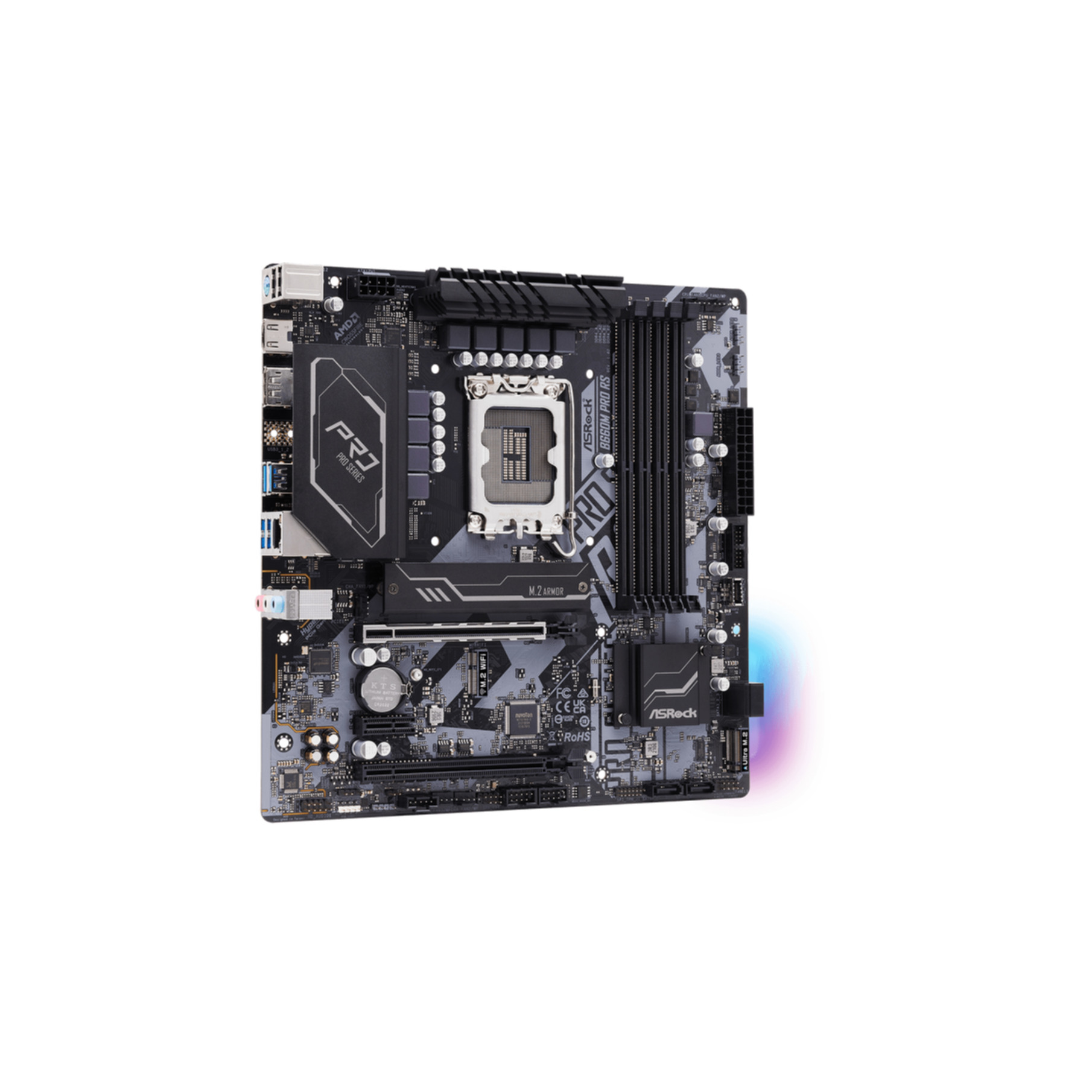 Una scheda madre del computer con componenti, colori nero e grigio. È su sfondo bianco.