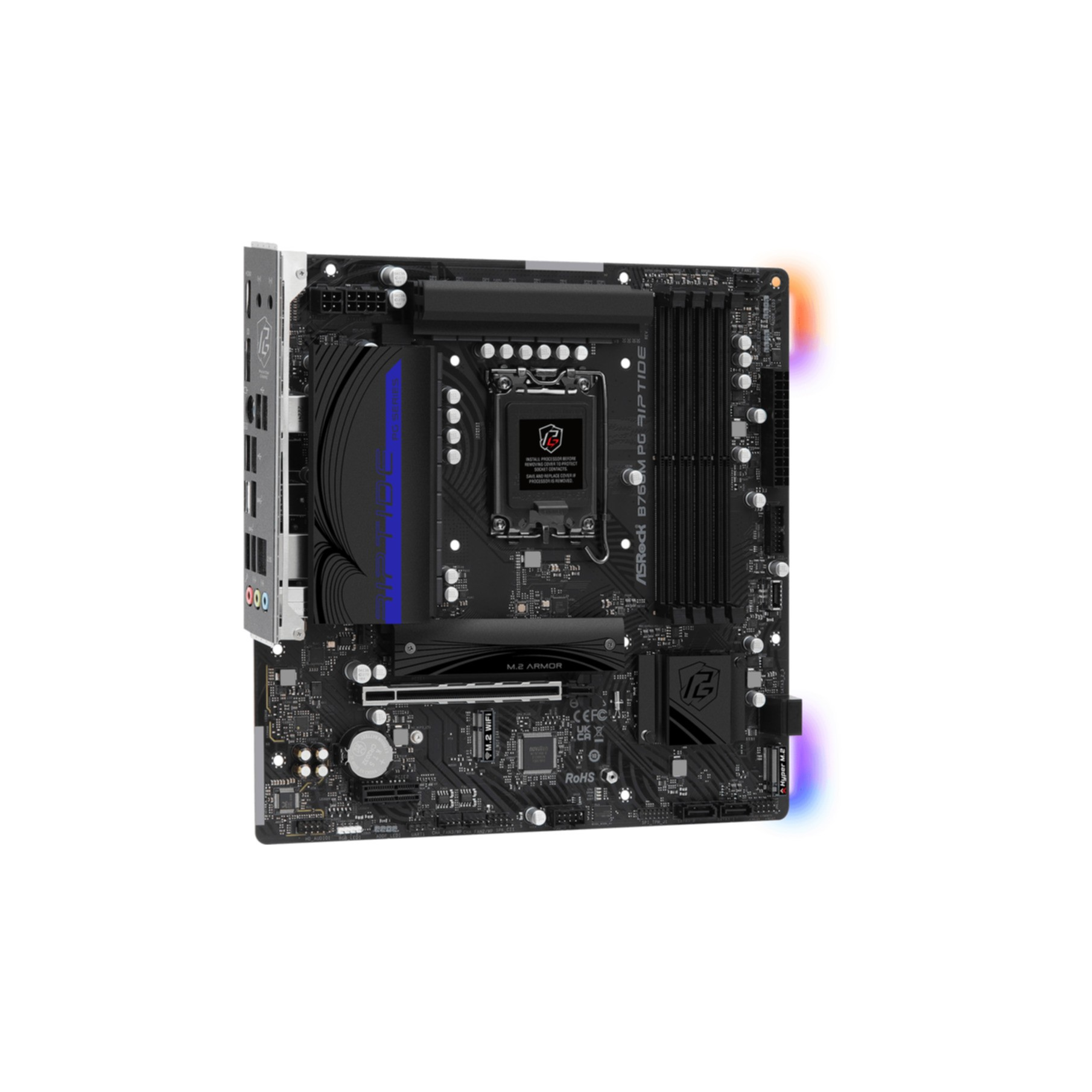 Una scheda madre nera con vari componenti, tra cui un socket CPU e luci LED colorate.