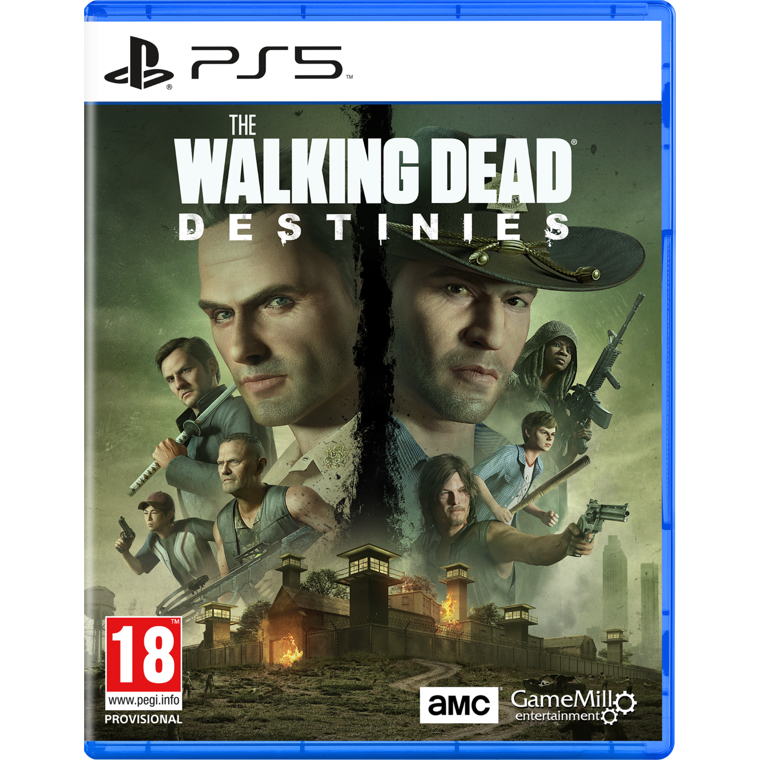 Caja del juego The Walking Dead: Destinies para PS5, con imágenes de varios personajes y los logotipos de AMC y GameMill.