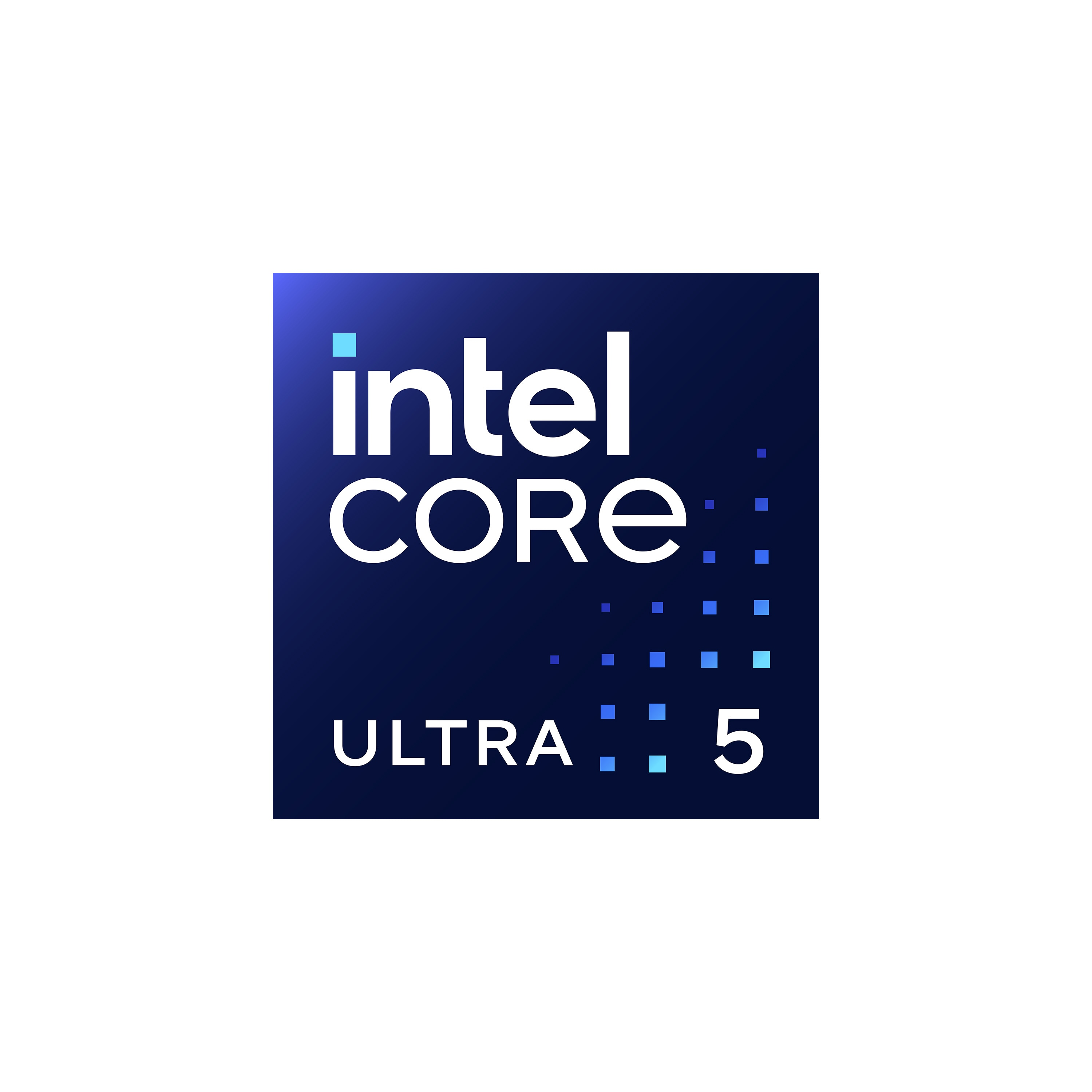 Logo Intel Core Ultra 5, niebieski kwadrat z białym tekstem. Ma siatkę niebieskich kwadratów.