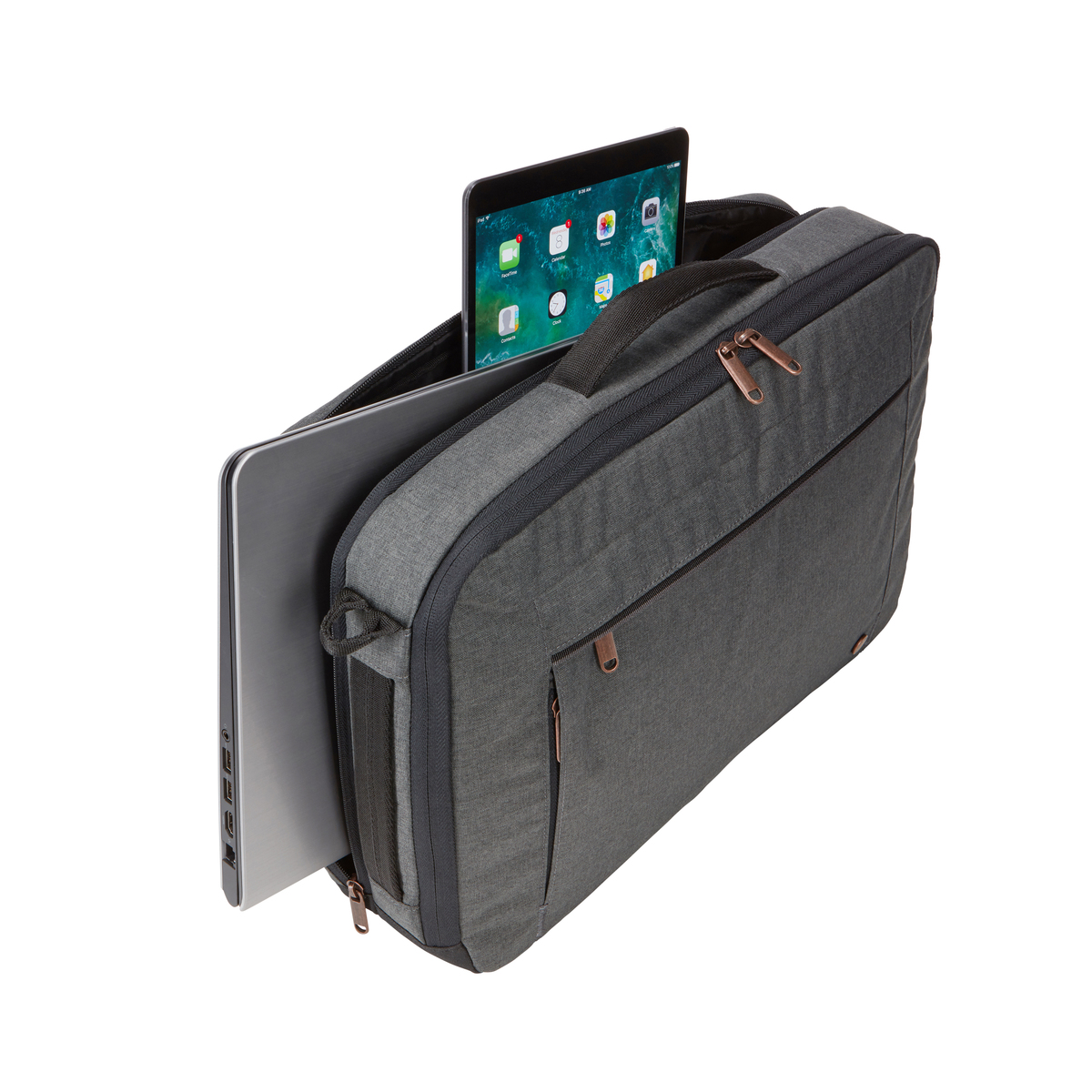 Una borsa grigia per laptop con laptop e tablet all'interno, aperta per mostrare il contenuto.