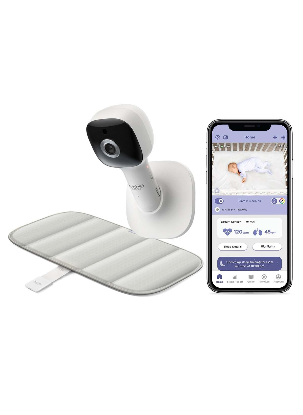 Babyphone, Telefon mit App und Wickelunterlage. Weißer Hintergrund.