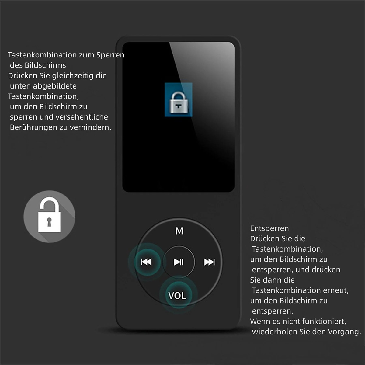 Ein schwarzer MP3-Player mit Knöpfen und einem Display mit Schloss.