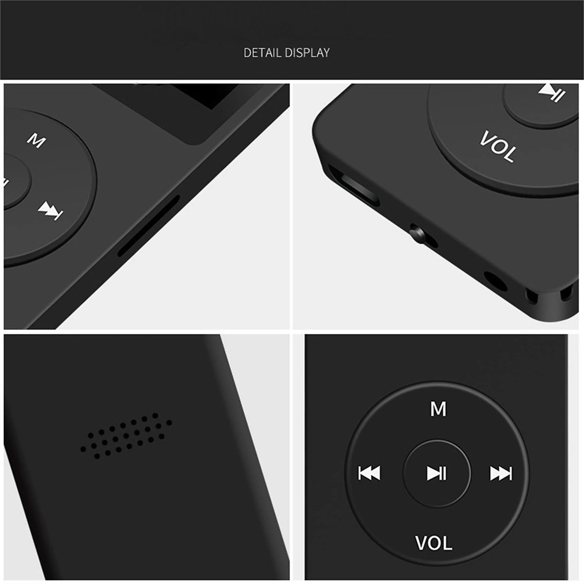 Nahaufnahme eines schwarzen MP3-Players mit Knöpfen. Detaillierte Ansicht der Knöpfe und des Bildschirms.