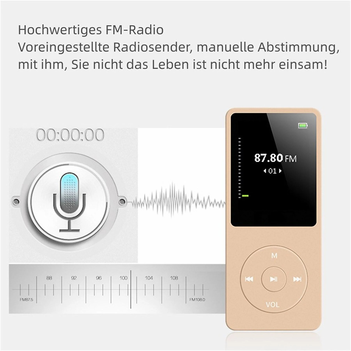 Ein tragbares Radio mit einem Bildschirm, der Zeit- und Radioinformationen anzeigt, mit sichtbaren Bedienelementen.