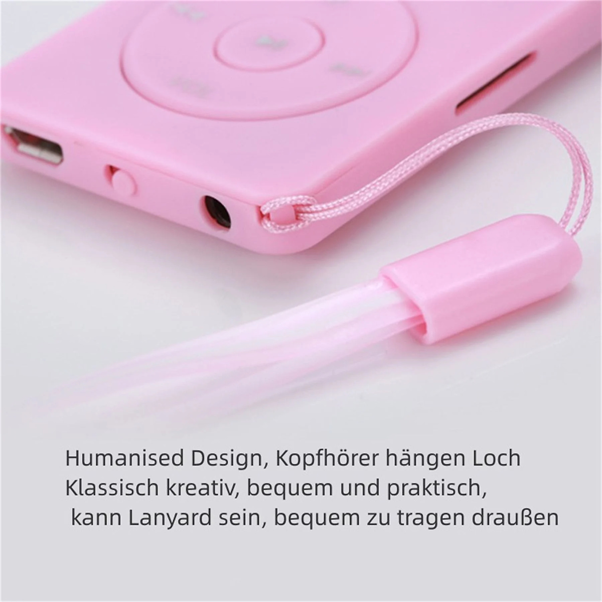 Ein pinkfarbener MP3-Player mit Schlüsselband. Weißer Hintergrund.