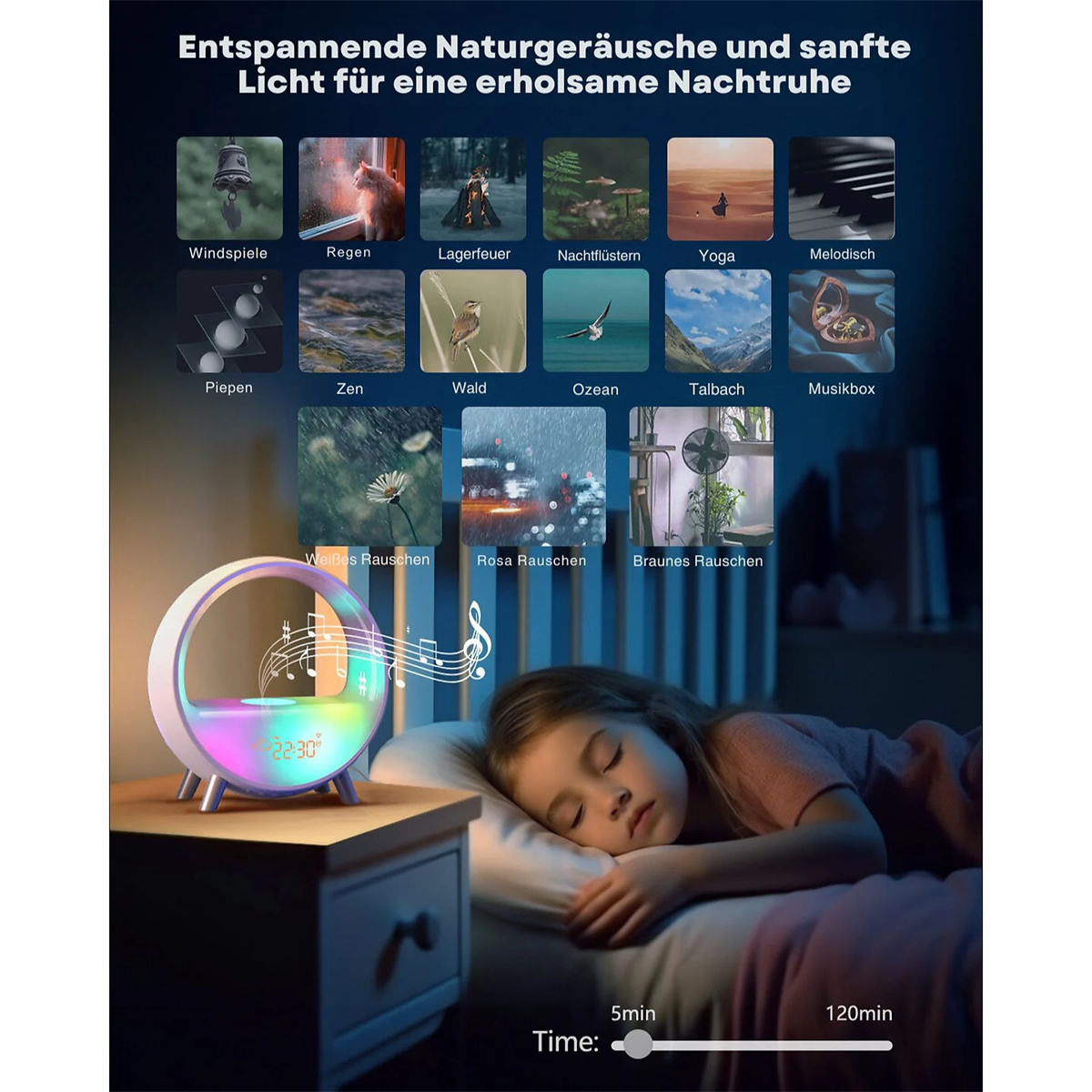 Nachtlicht mit schlafendem Mädchen, bunten Lichtern und Symbolen für Naturgeräusche.