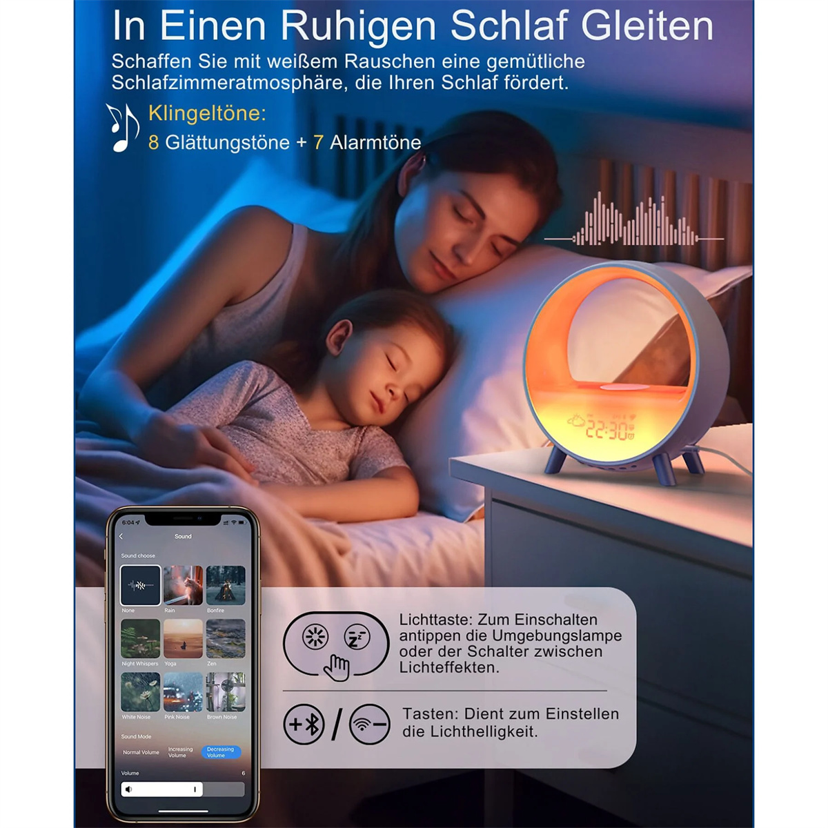 Eine Mutter und ein Kind schlafen, ein Wecker und Telefon in der Nähe.