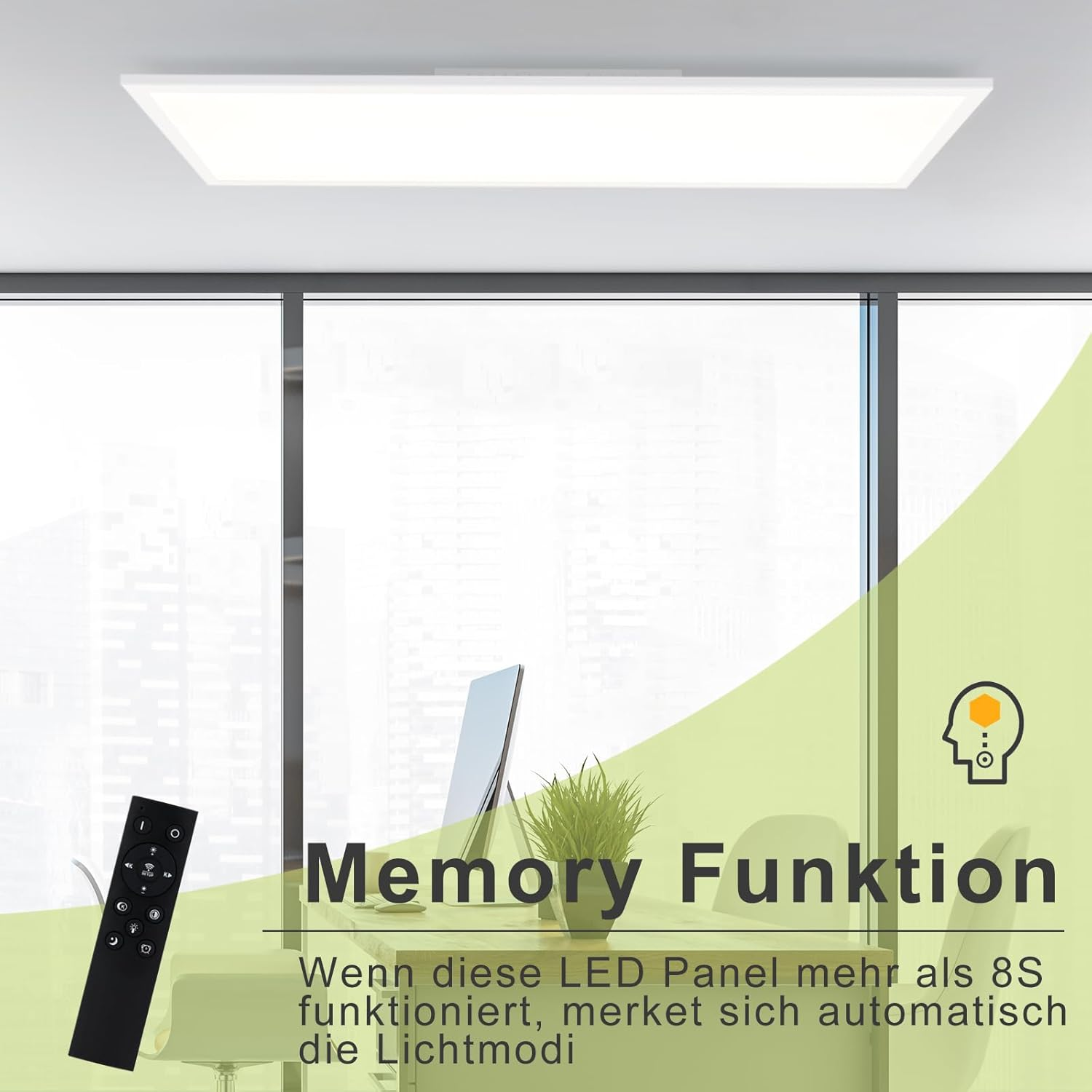 Un pannello LED bianco sul soffitto, un telecomando e una grafica verde. Il testo dice Funzione memoria.