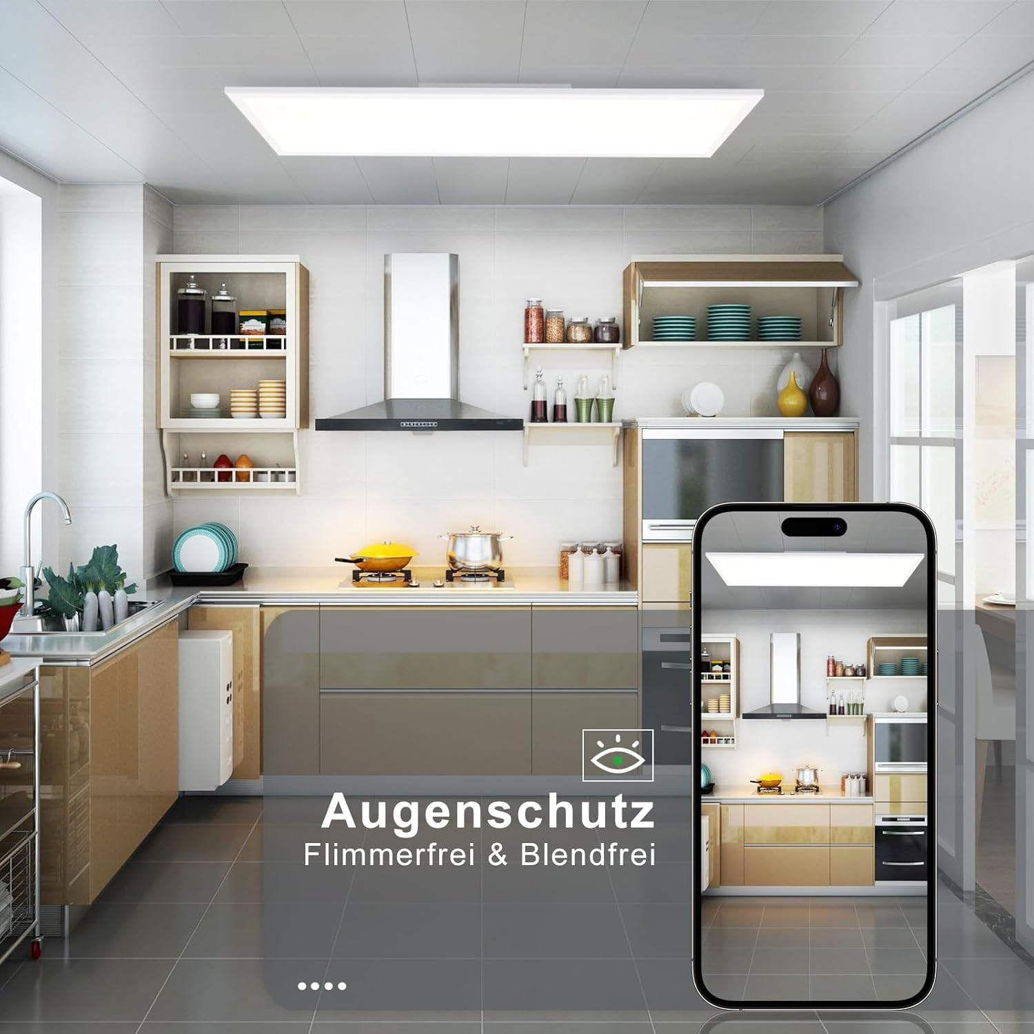 Una cucina con un telefono che mostra una luce. Testo: Augenschutz, Flimmerfrei & Blendfrei.