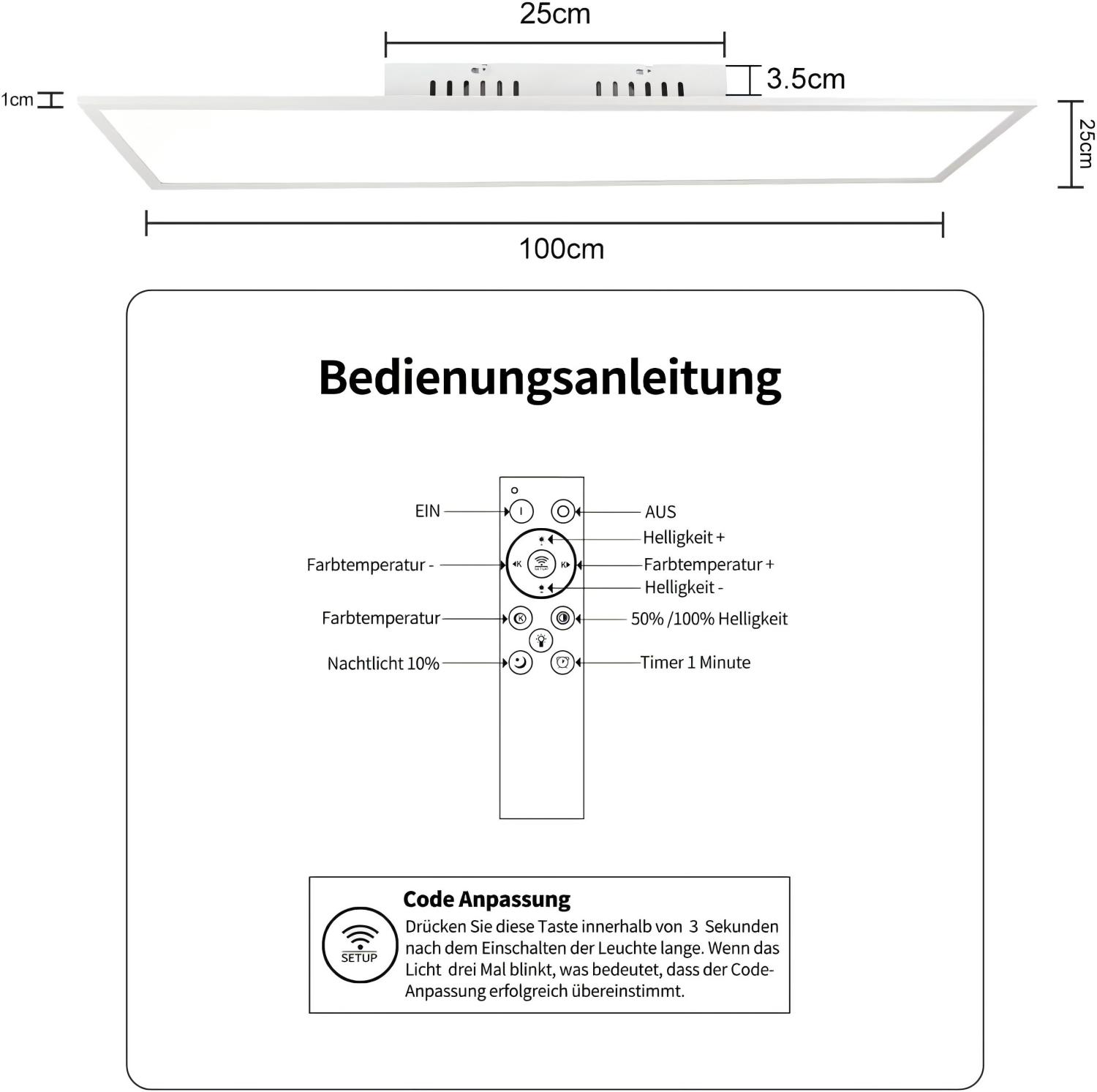 Un apparecchio di illuminazione bianco con dimensioni e un diagramma del telecomando che mostra impostazioni e codici.