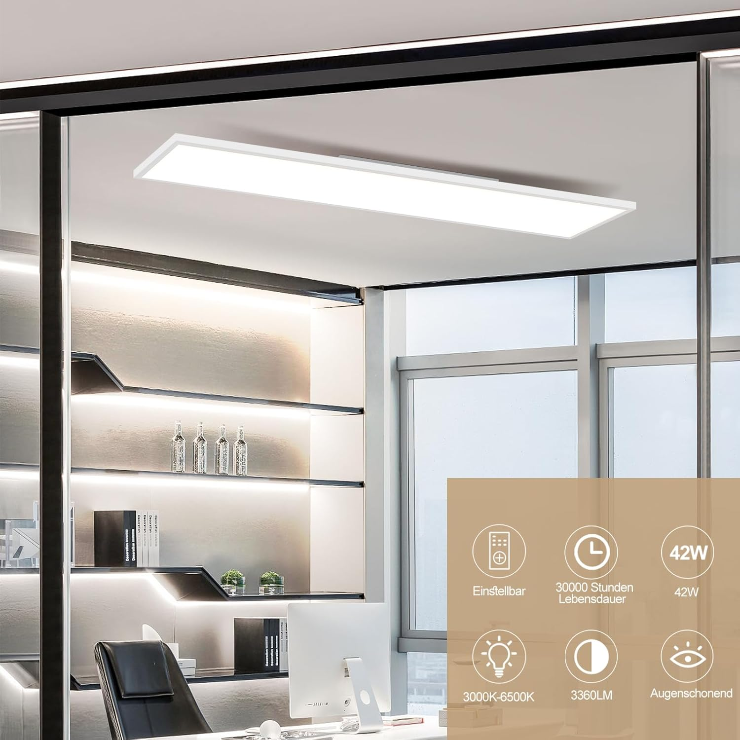 Una grande lampada da soffitto rettangolare in un ambiente ufficio moderno, con icone.