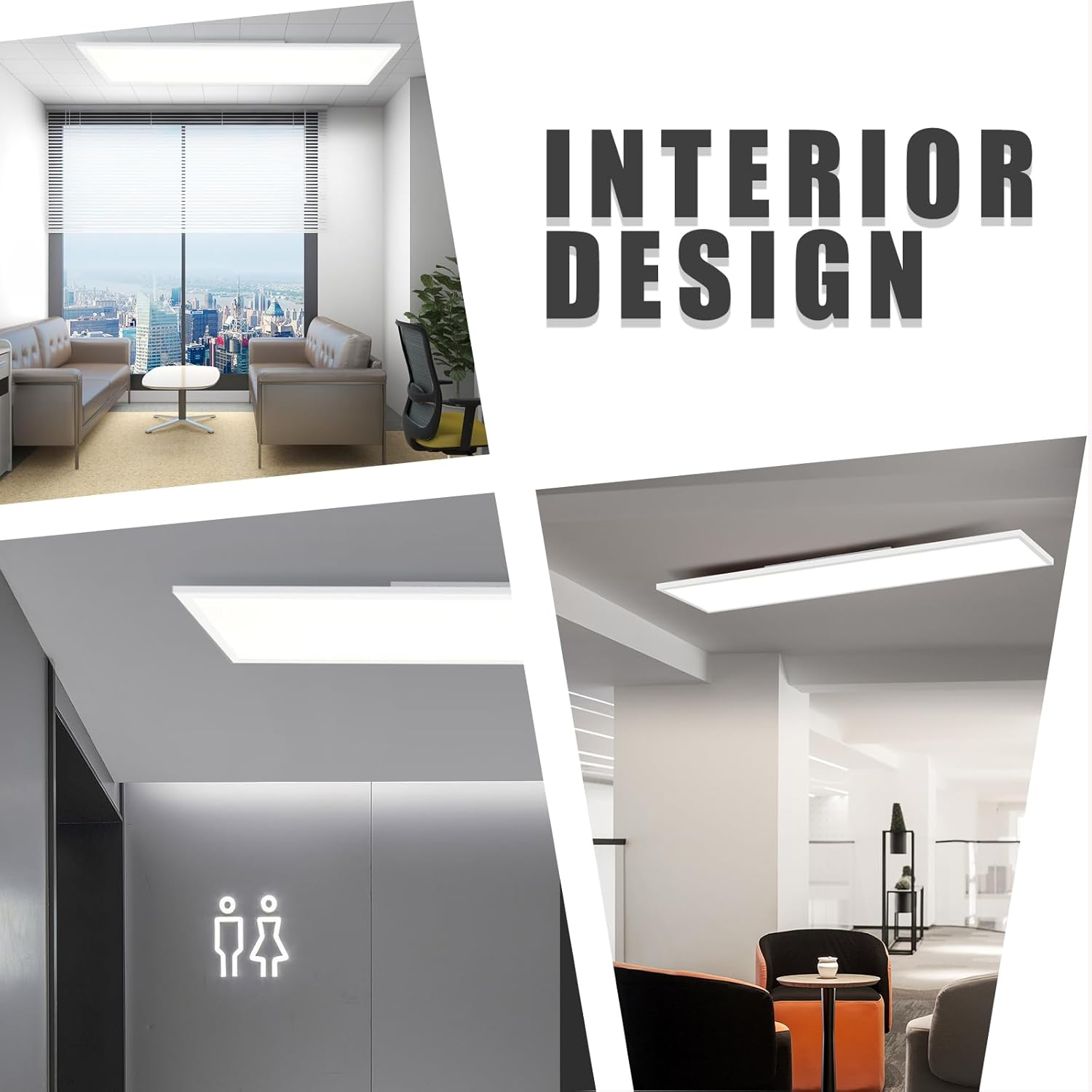 Collage di foto di interior design, che mostrano uffici e spazi abitativi con illuminazione moderna.