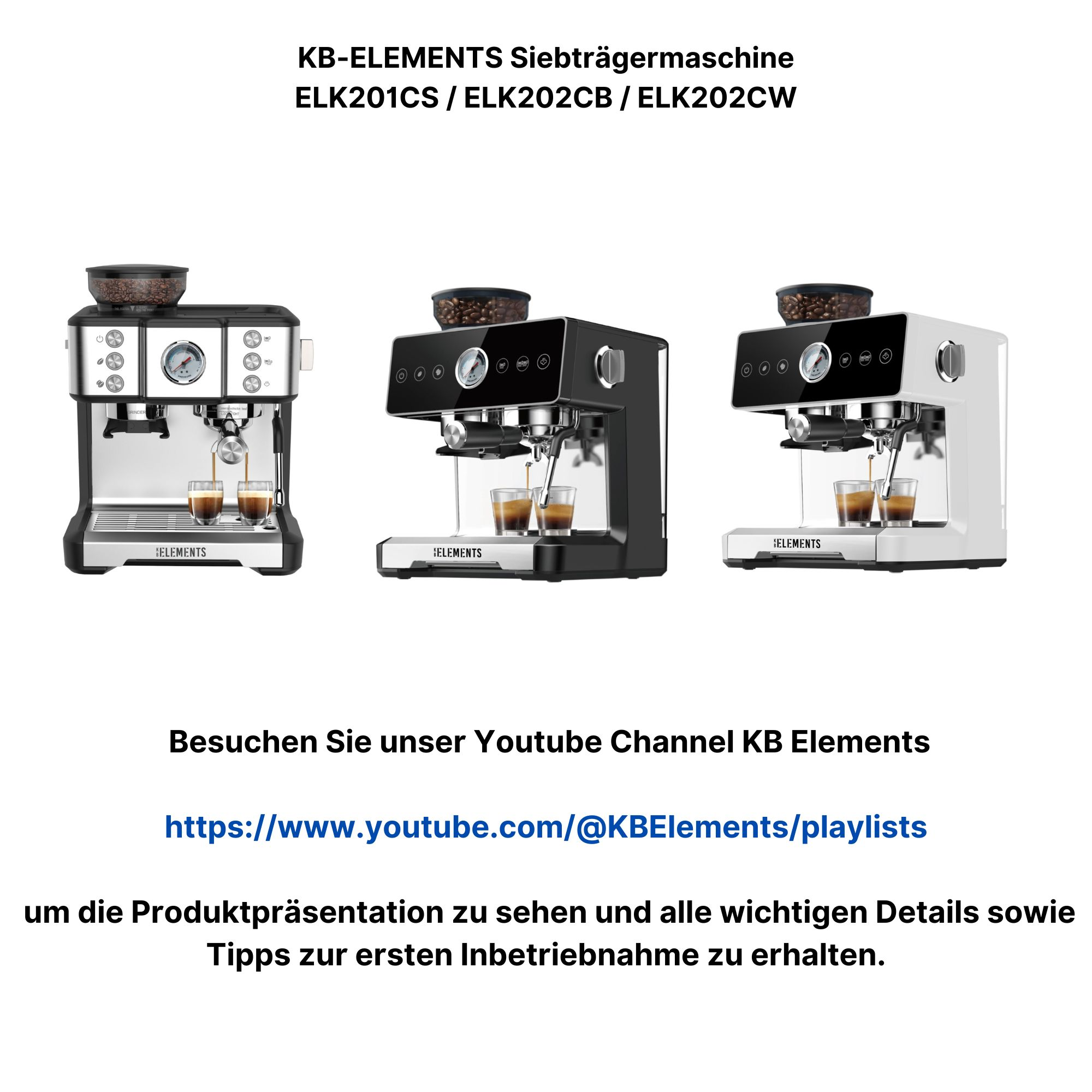 Drei Espressomaschinen und Text über KB-ELEMENTS Siebträgermaschine.