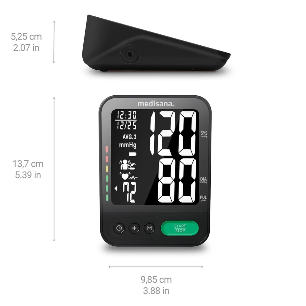 Czarny monitor ciśnienia krwi z cyfrowym wyświetlaczem pokazującym odczyty i wymiary.