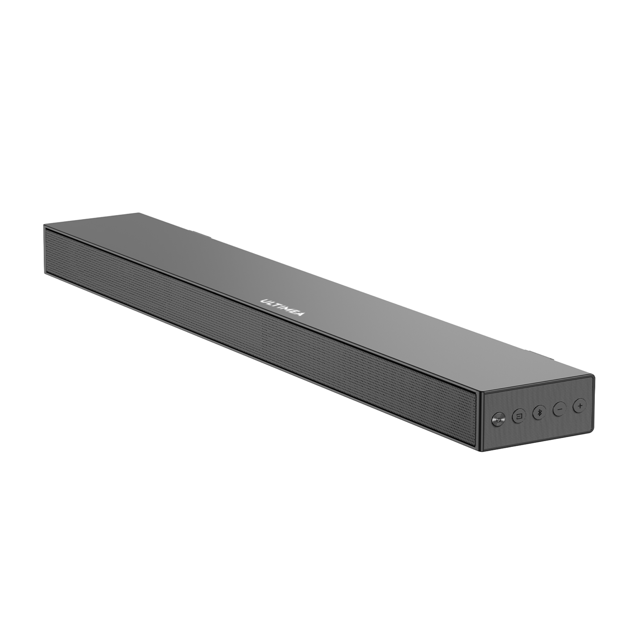 Eine schwarze Soundbar mit dem Ultima-Logo und Bedienelementen, auf weißem Hintergrund.