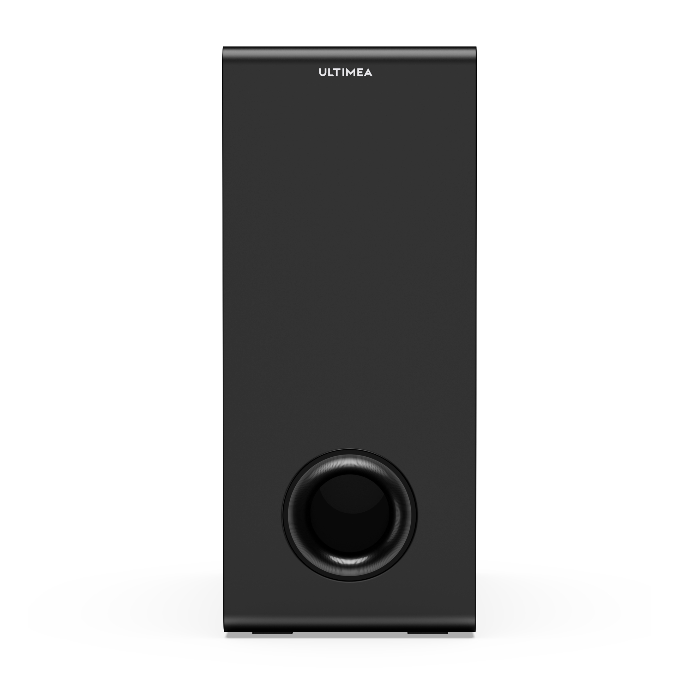 Ein schwarzer Subwoofer-Lautsprecher. Der Lautsprecher hat einen runden Bassanschluss und den Markennamen Ultimea.