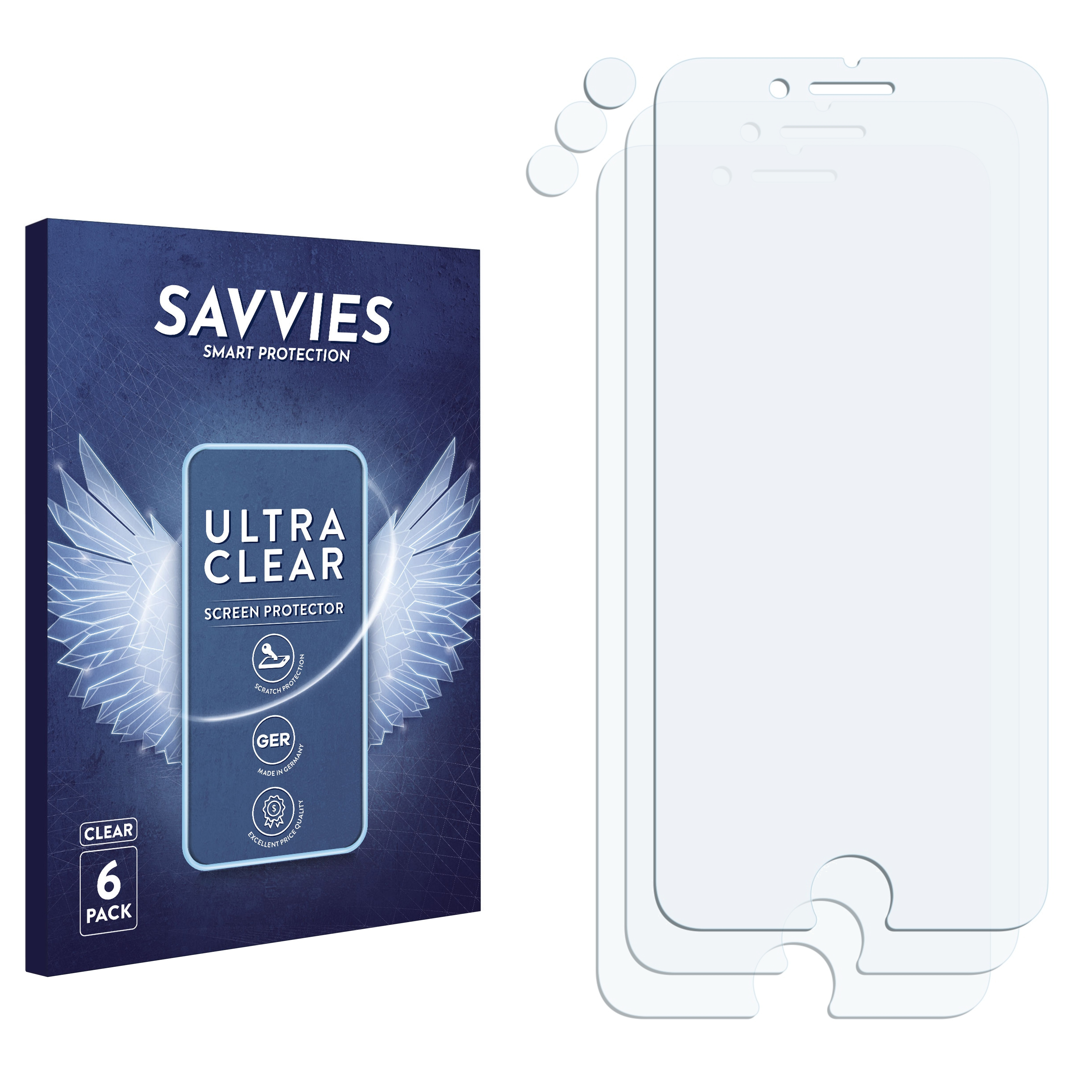 Eine Displayschutzfolienbox und Displayschutzfolien für ein Telefon. Die Box ist blau und weiß.