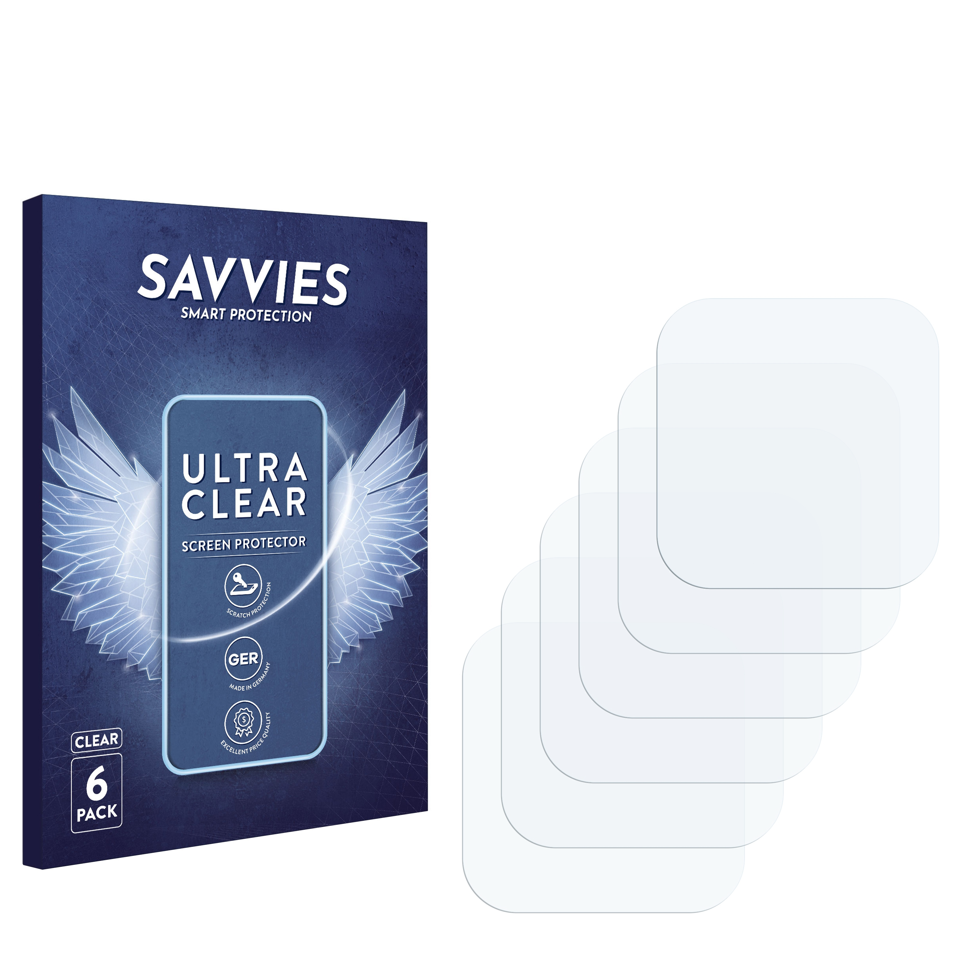 Eine Packung mit sechs Displayschutzfolien mit einer blauen Box und transparenten Schutzfolien.