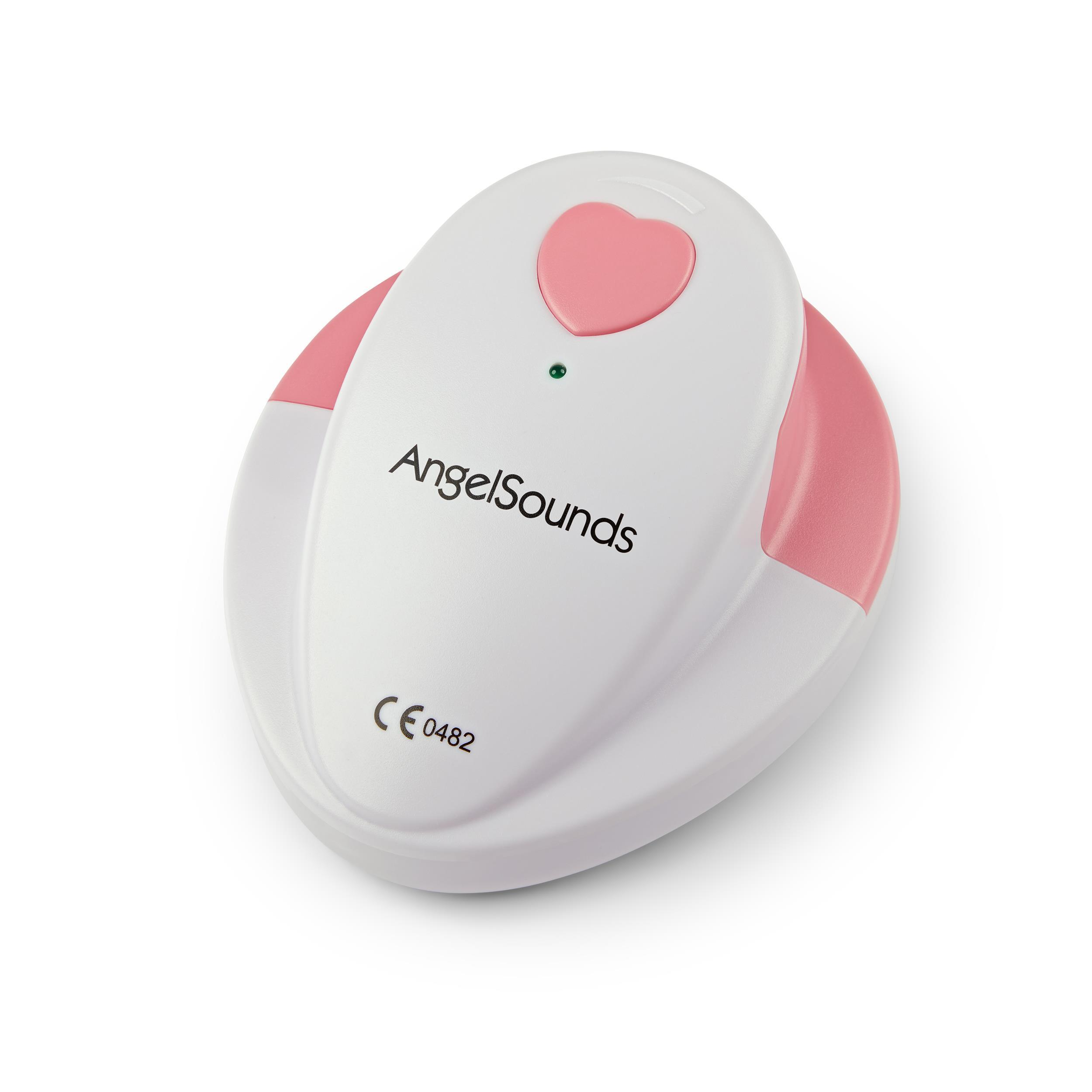 Weißer und pinkfarbener AngelSounds Fetaldoppler mit herzförmiger Taste.