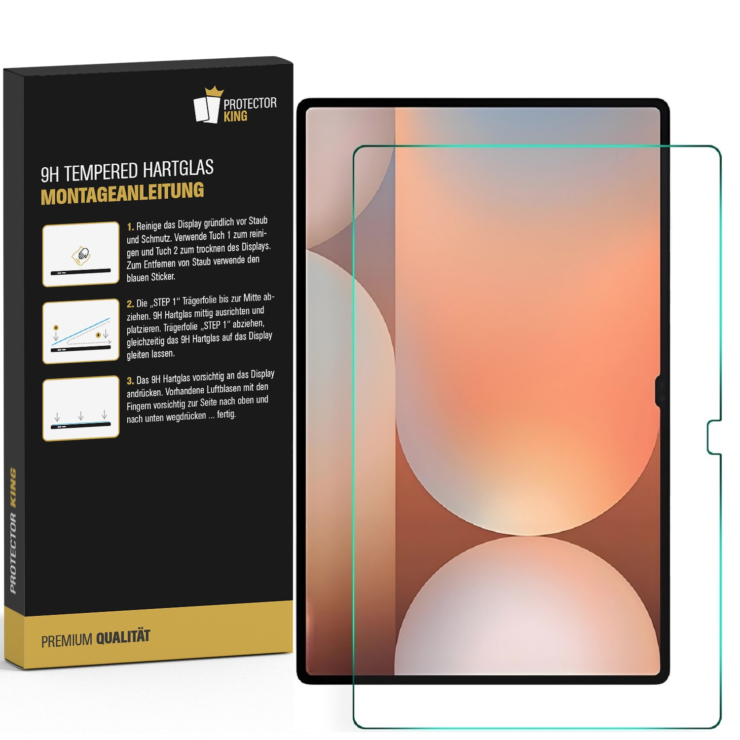 Displayschutzfolien-Verpackung mit Anweisungen und einem Tablet. Text: 9H Gehärtetes Glas.