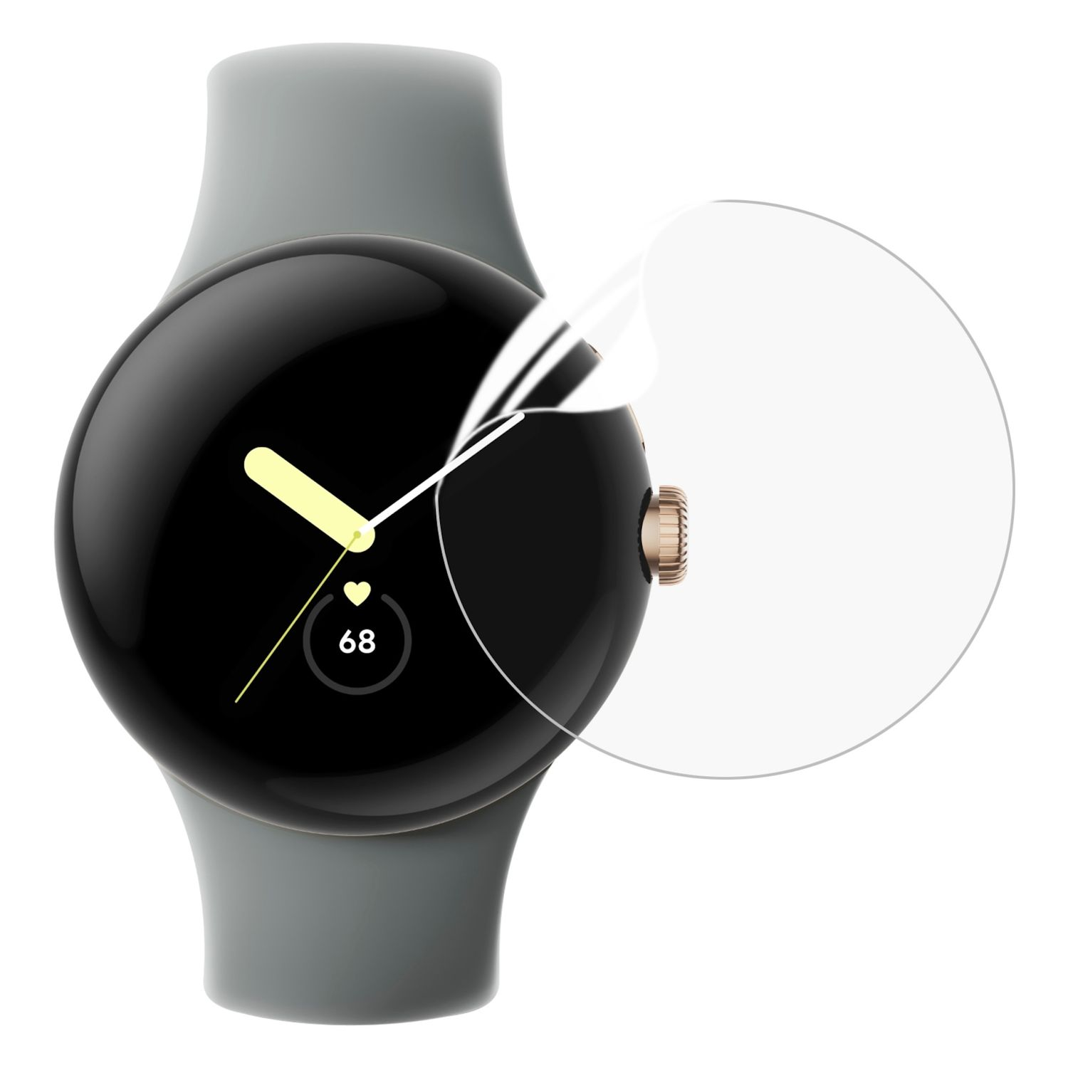 Schwarze Smartwatch mit rundem Zifferblatt und grauem Armband. Eine Displayschutzfolie ist angebracht.