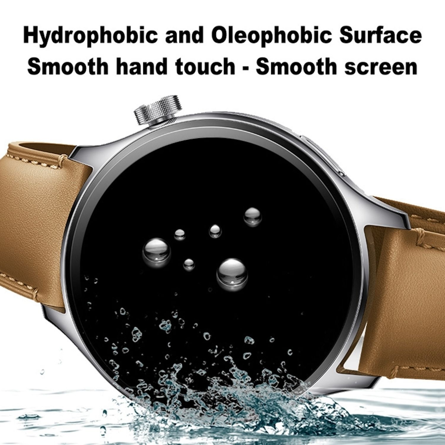Eine Smartwatch an einem hellbraunen Lederarmband, Wassertropfen auf dem Bildschirm und Spritzwasser.