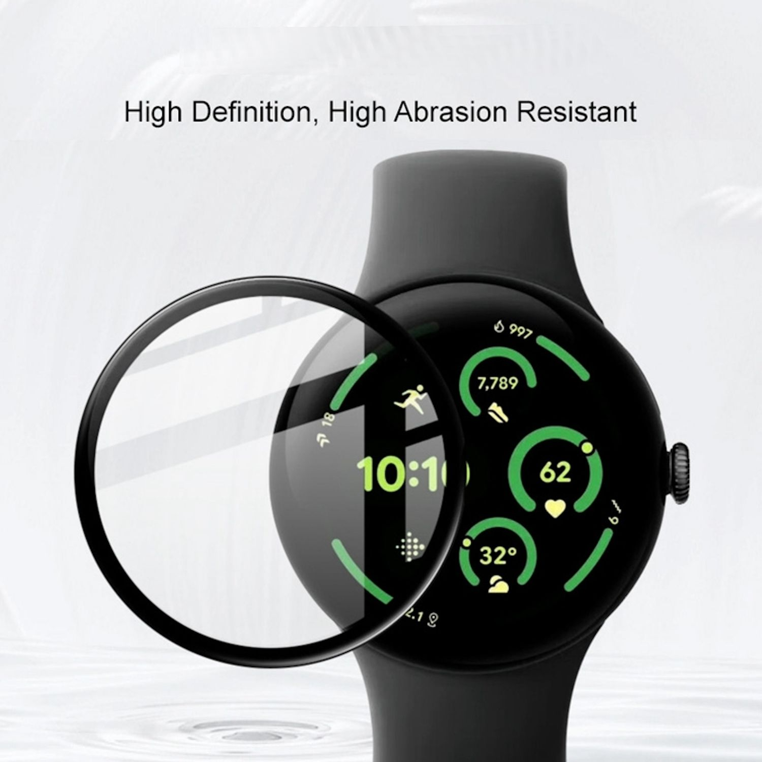 Eine Smartwatch mit Displayschutz, die Gesundheitsdaten anzeigt.