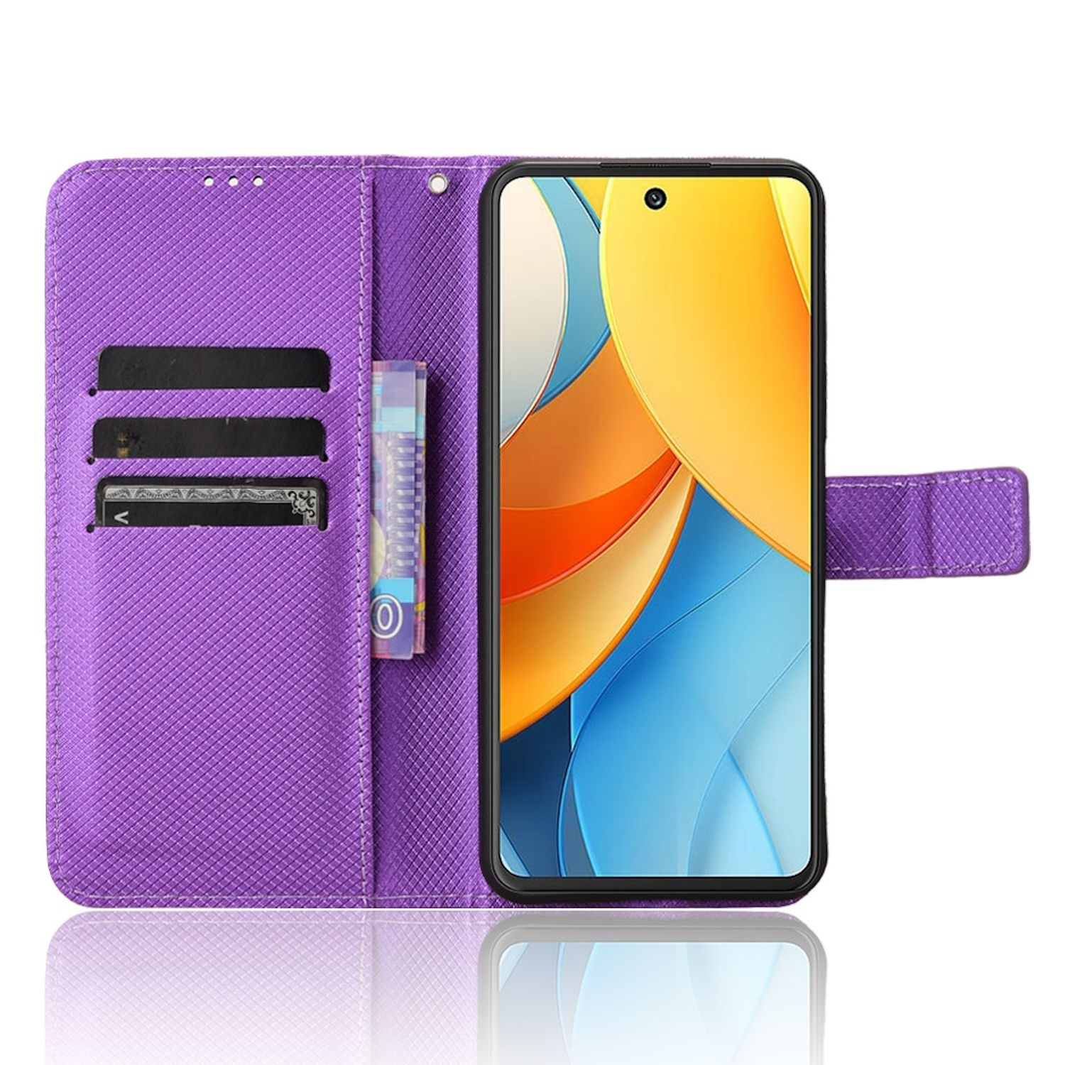 Lila Telefon-Geldbörsenhülle mit einem Telefon darin. Sie hat Kartenfächer und einen Magnetverschluss.