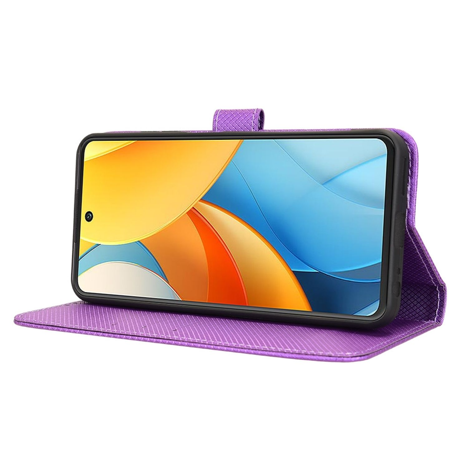 Eine lila Handyhülle, die ein Handy mit blau-orangefarbenem Bildschirm hält.