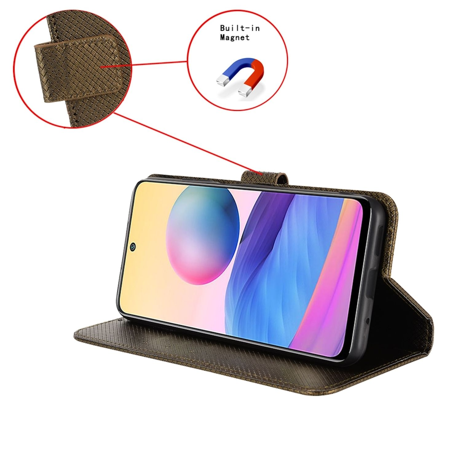 Braune Handyhülle mit Handy darin, geöffnet. Eingebauter Magnet hervorgehoben.
