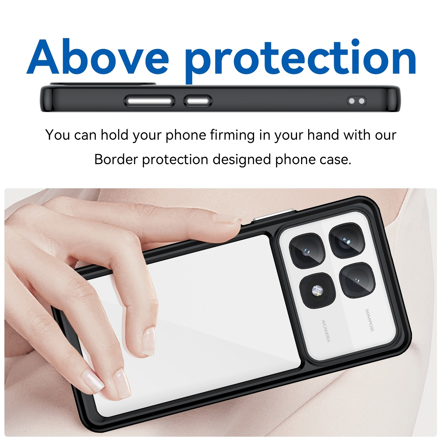 Ein Telefon in einer schwarzen Hülle mit durchsichtigem Rücken, gehalten von einer Hand. Die Hülle hat Kantenschutz.