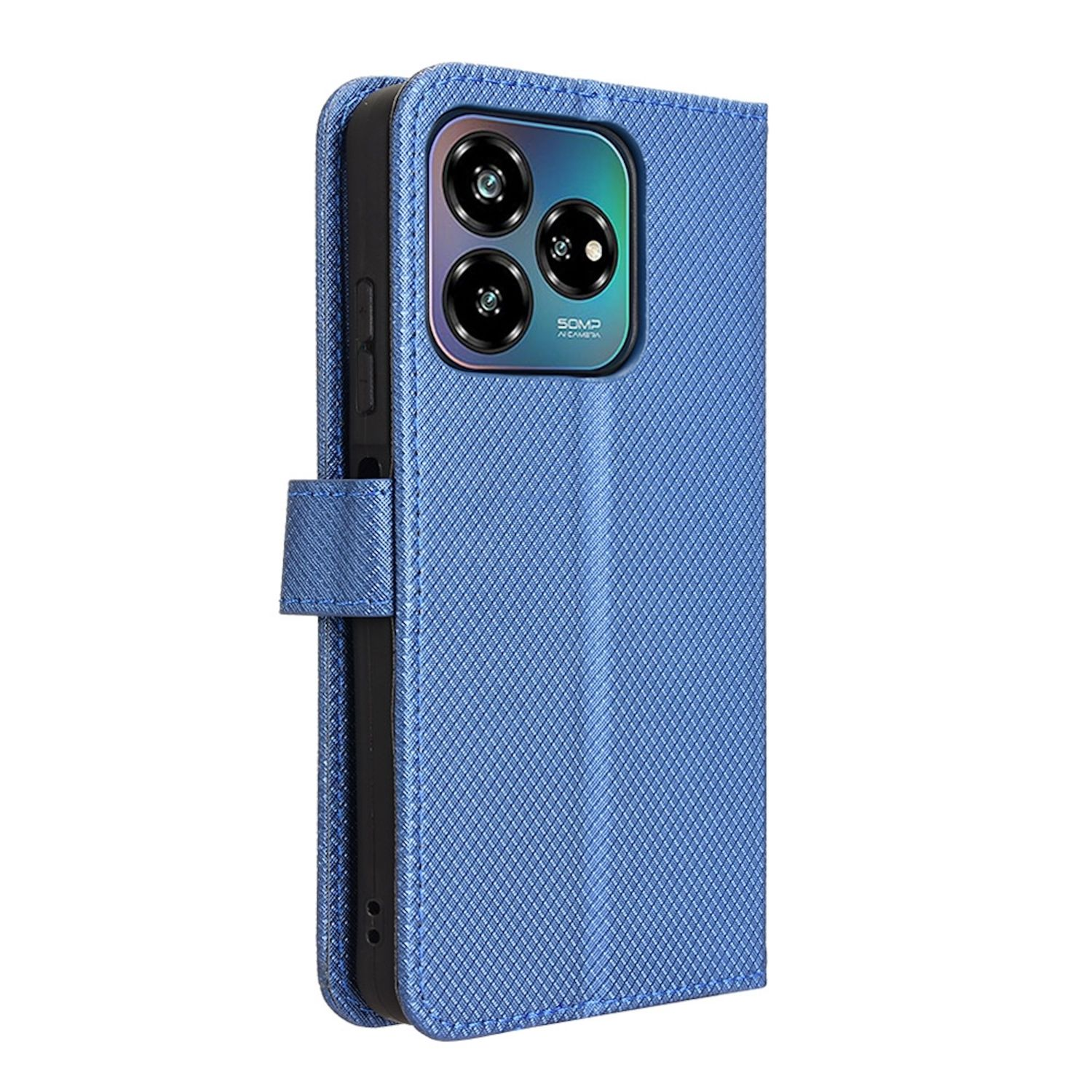 Blaue Handyhülle mit Kamerafach. Es ist geschlossen und strukturiert.
