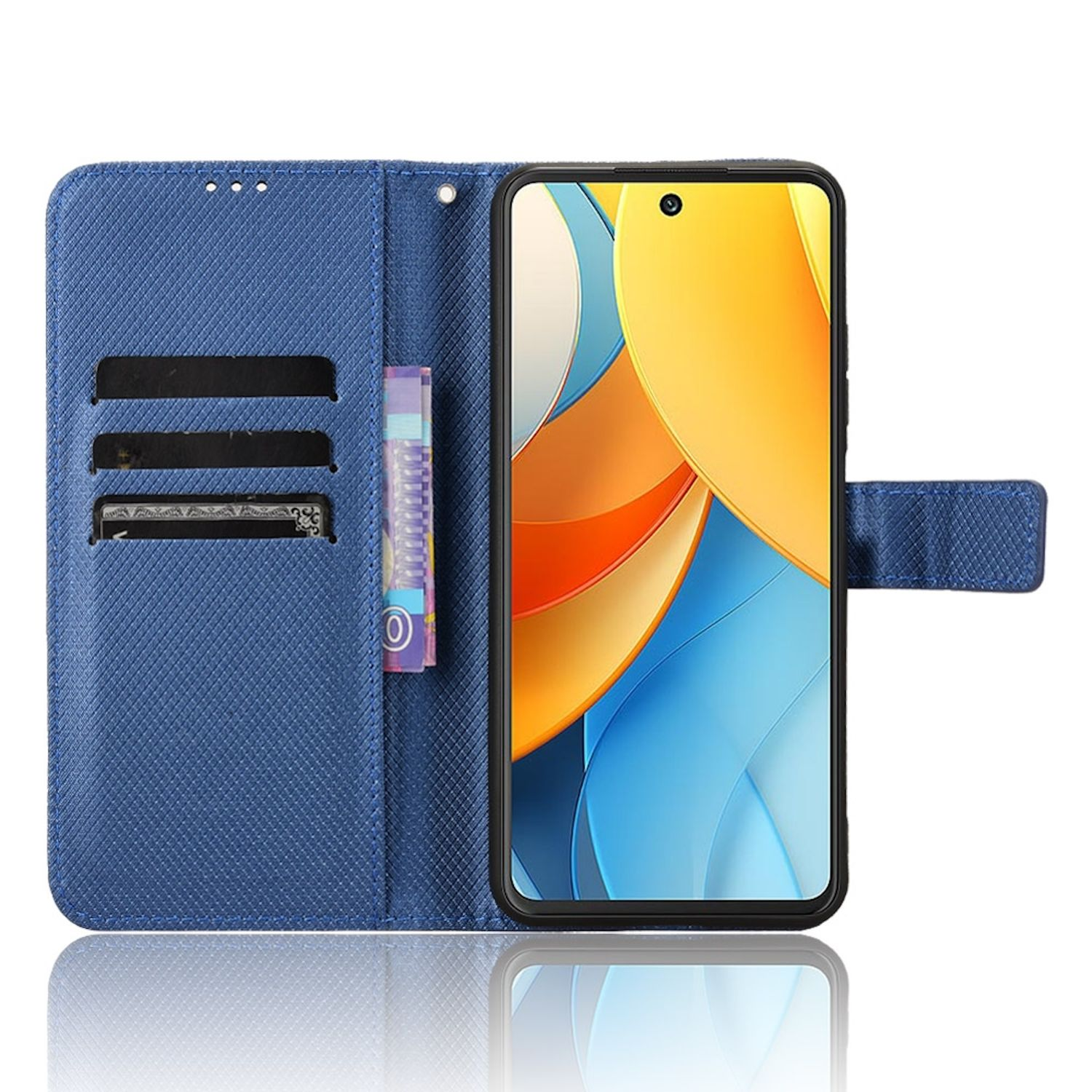 Blaue Handyhülle, offen, mit Handy. Hülle hat Kartenfächer. Telefon zeigt farbenfrohe Anzeige.