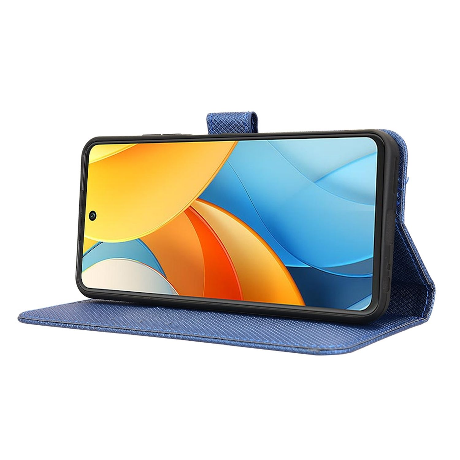 Eine blaue Handyhülle mit einem Telefon darin. Das Telefon zeigt ein Landschaftsbild.
