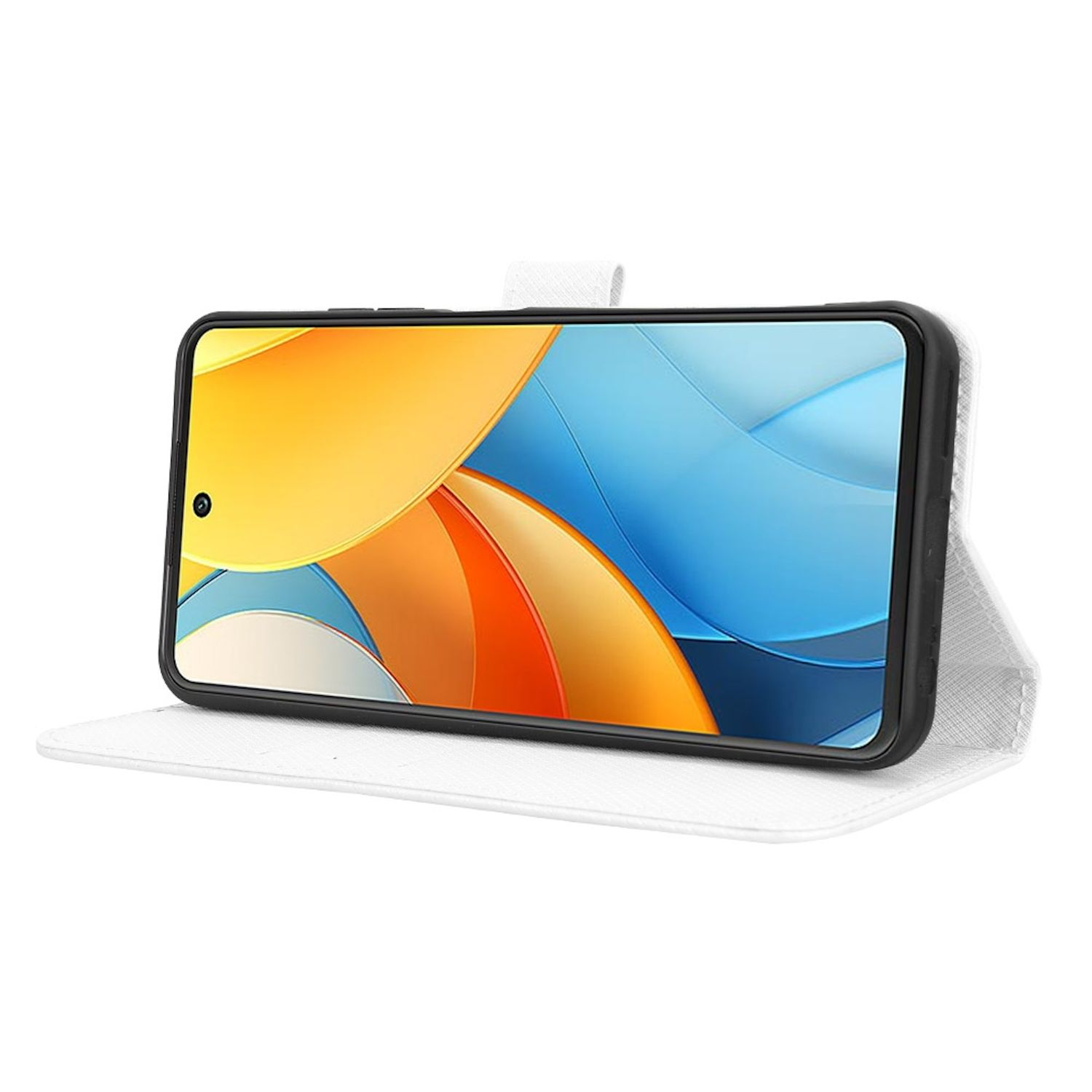 Ein Telefon mit weißer Hülle, geöffnet, um den Bildschirm anzuzeigen. Der Bildschirm zeigt einen blau-weißen Hintergrund.