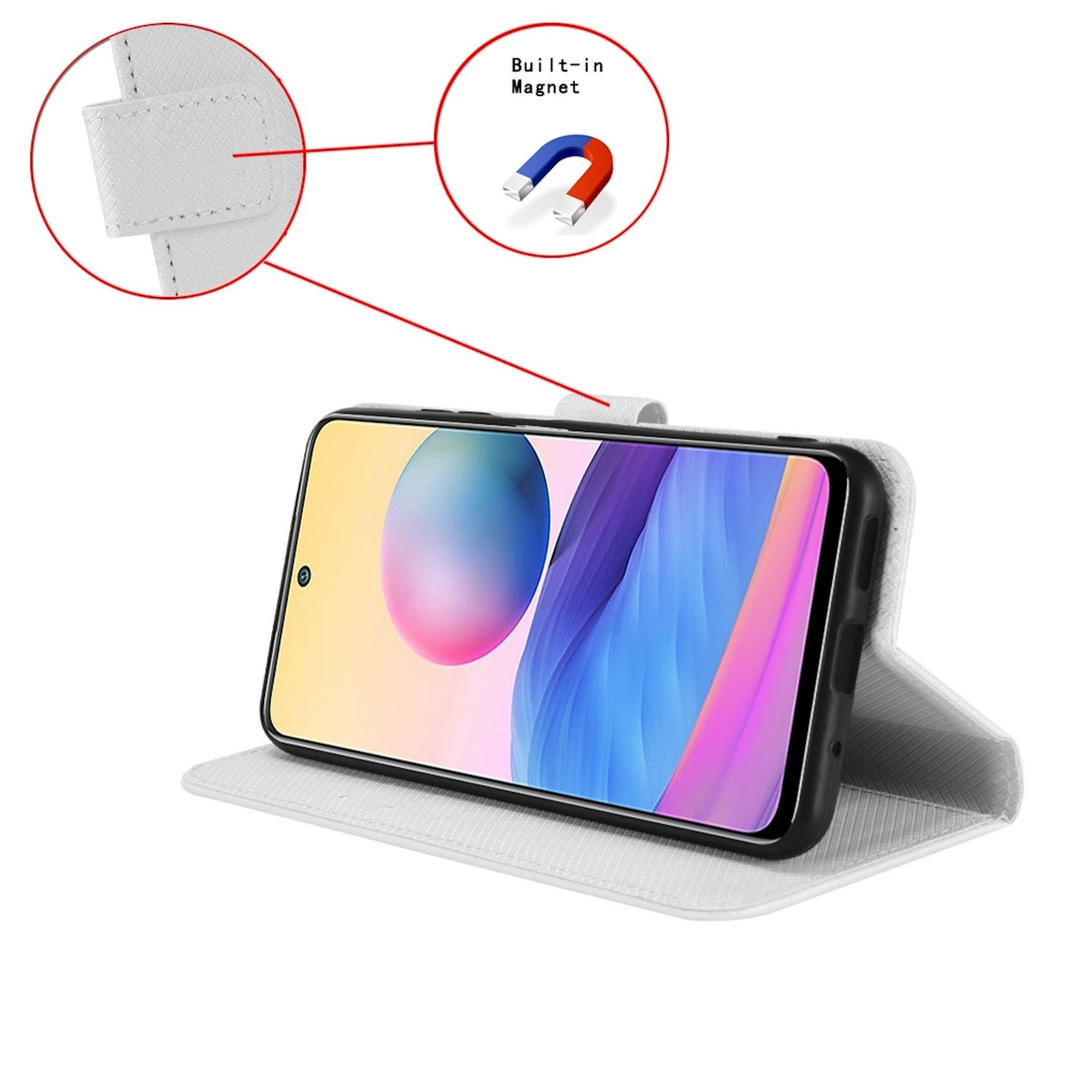 Eine weiße Handyhülle mit einem Telefon darin. Es hat einen Magnetverschluss. Eingebauter Magnet wird im Kreis gezeigt.