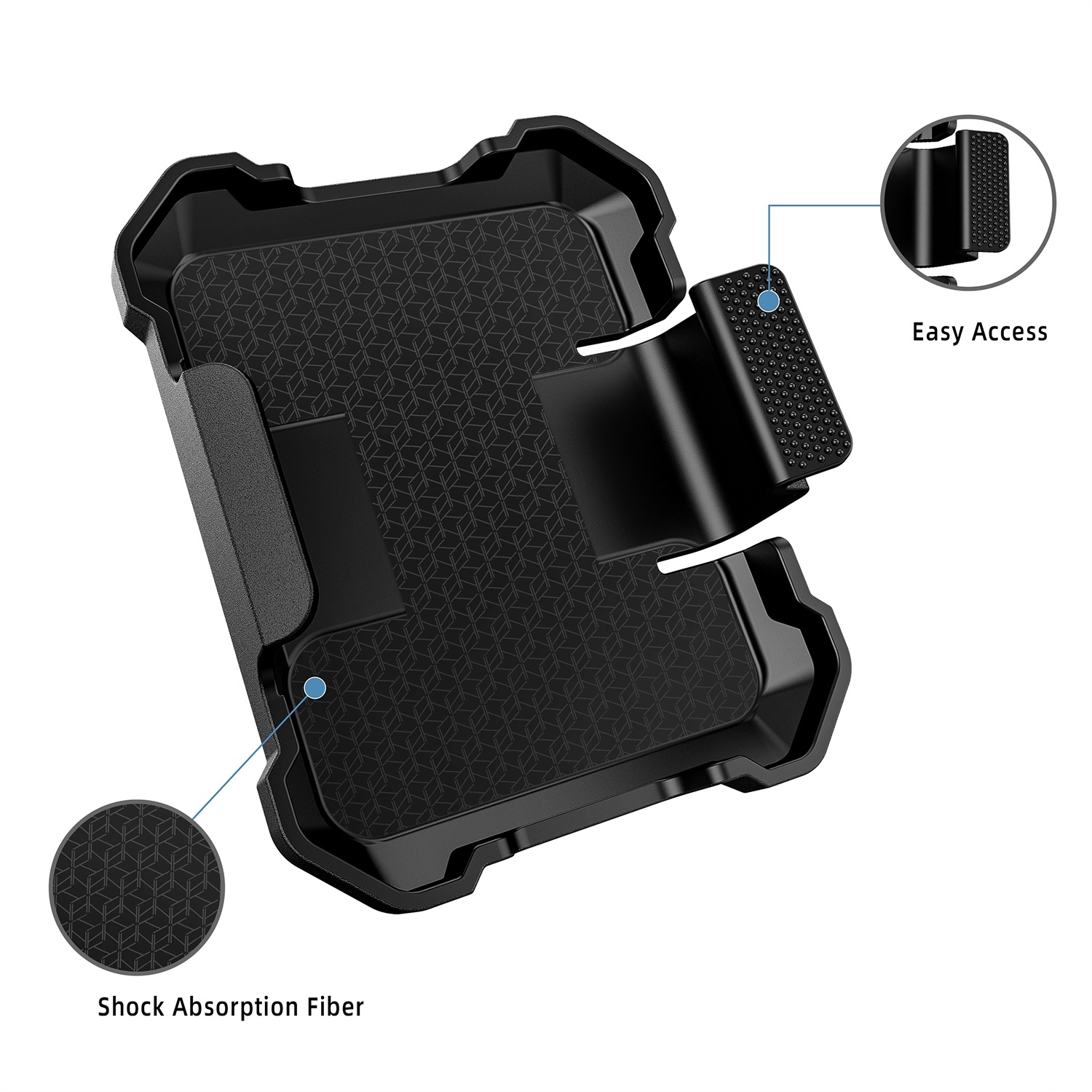Eine schwarze Handyhülle mit strukturiertem Design und einem Ausschnitt für einfachen Zugriff.