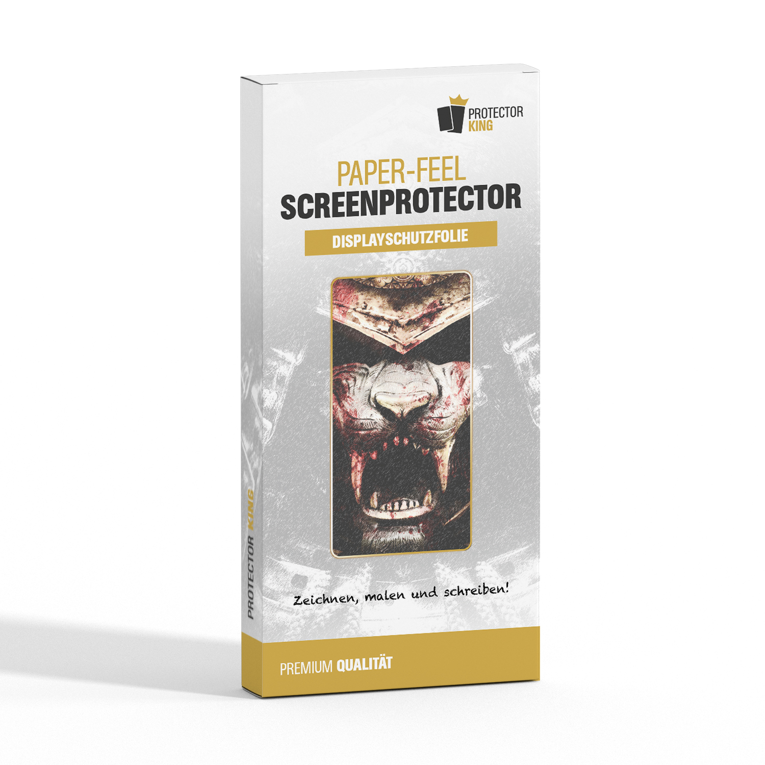 Schutzfolienbox mit Grafik eines Wesens, mit Text 'PAPER-FEEL SCREENPROTECTOR'.