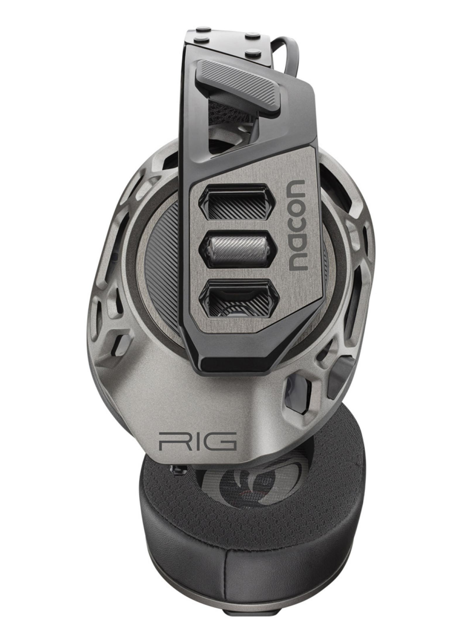 Zestaw słuchawkowy do gier, ciemnoszary i czarny, z markami RIG i NACON.