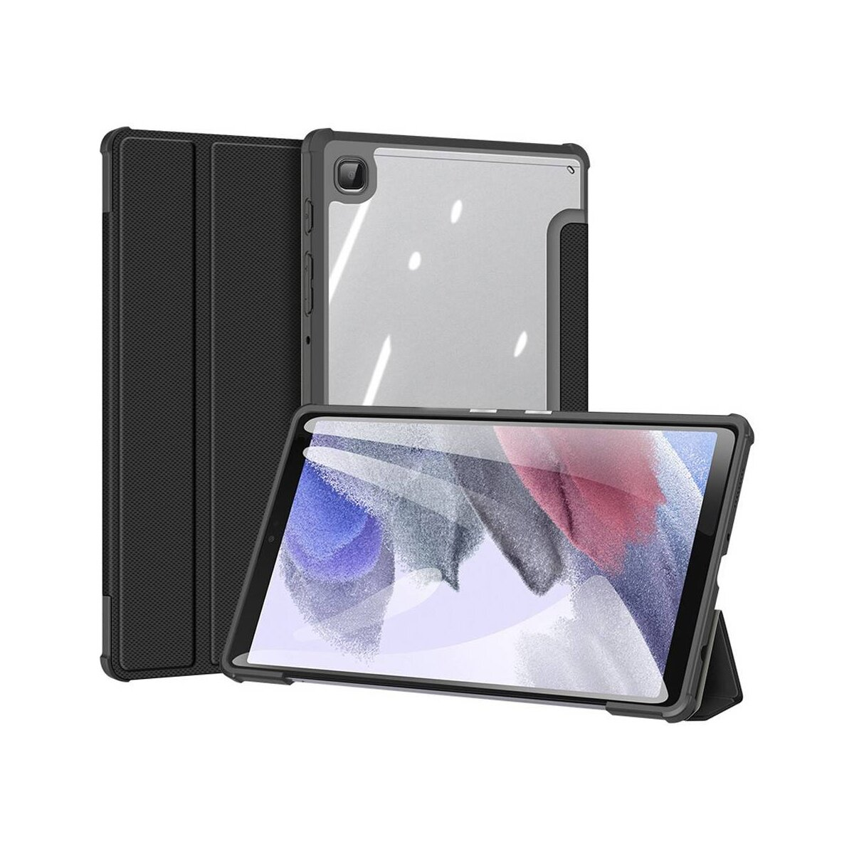 Custodia per tablet nera con texture nera. La custodia è aperta e all'interno c'è un tablet.