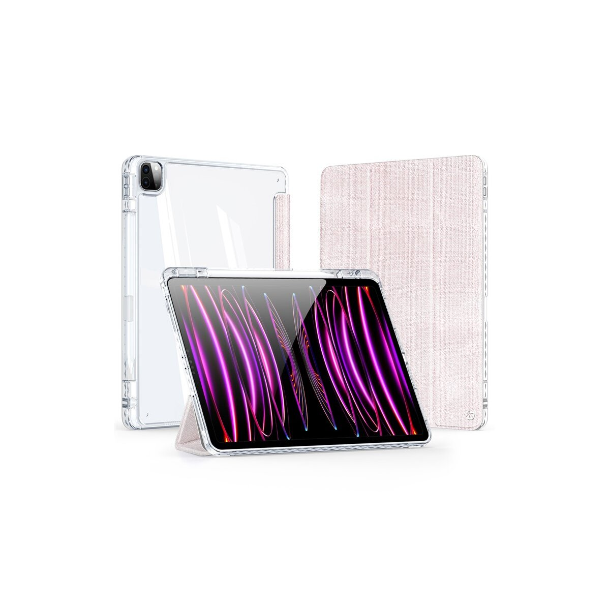 Una custodia trasparente per tablet davanti a una custodia rosa, e un tablet aperto con schermo su sfondo bianco.