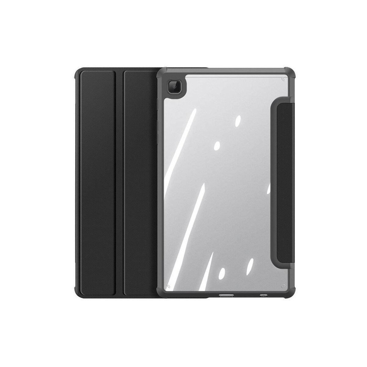 Custodia per tablet, aperta e chiusa, che mostra un tablet con protezione schermo trasparente.
